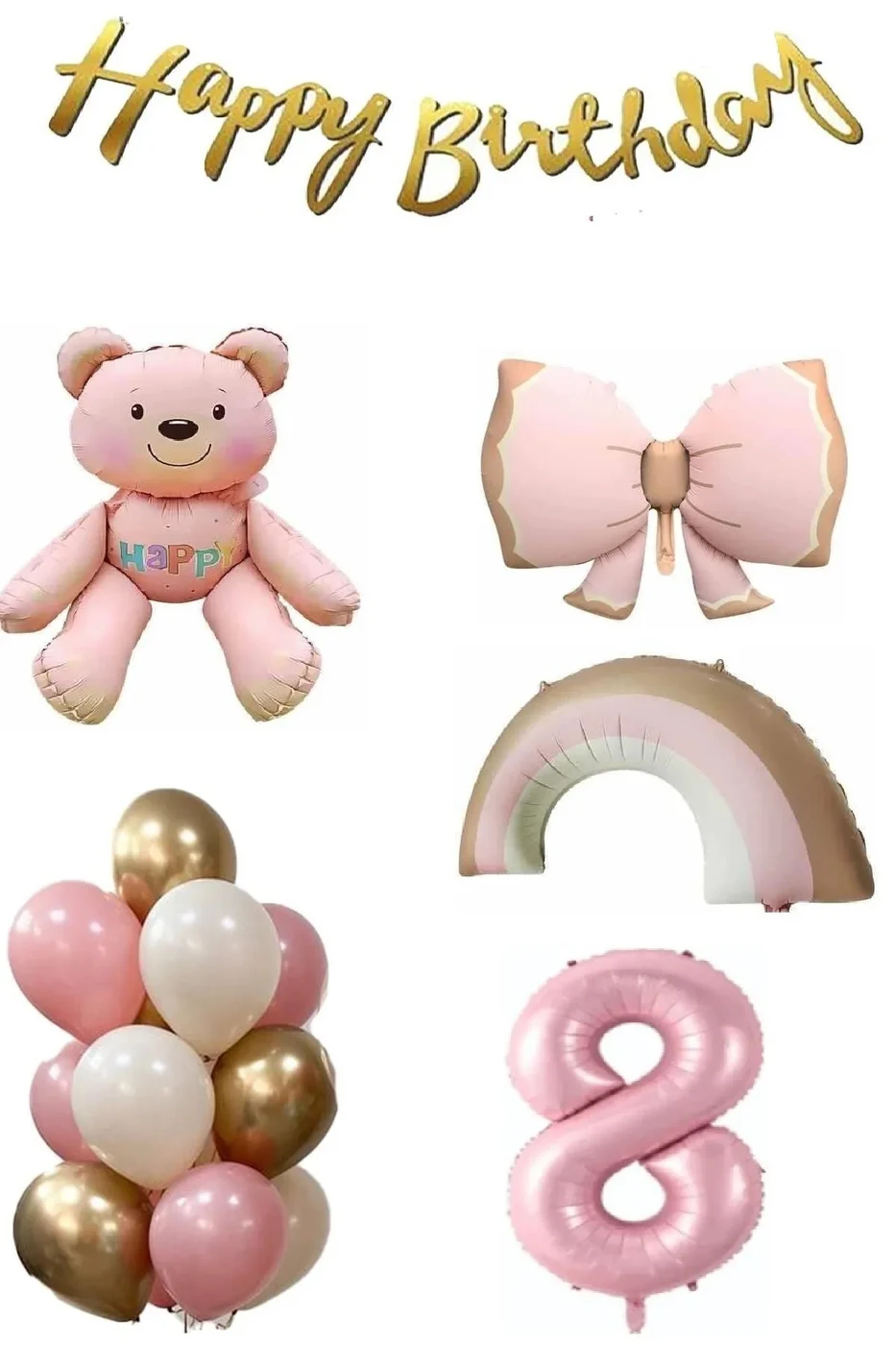 Pembe Ayıcık Yaş Balonlu Gökkuşağı Temalı Kız Bebek Konsept Doğum Günü Parti Seti Süsü gorsel 2
