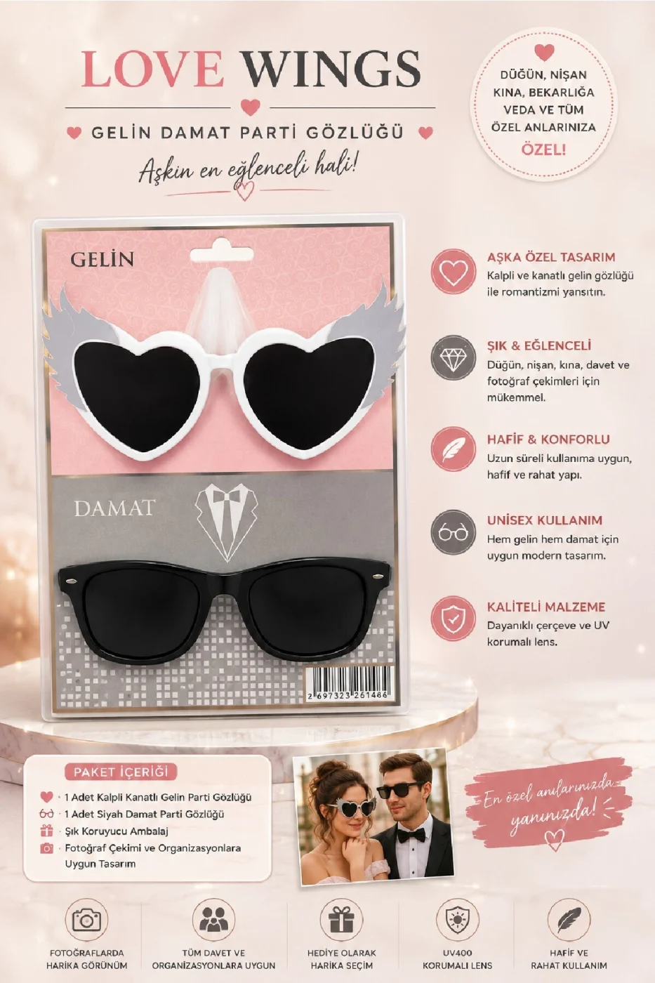 Love Wings Gelin Damat Parti Gözlüğü – Düğün, Nişan, Bekarlığa Veda Fotoğraf Aksesuarı gorsel 3