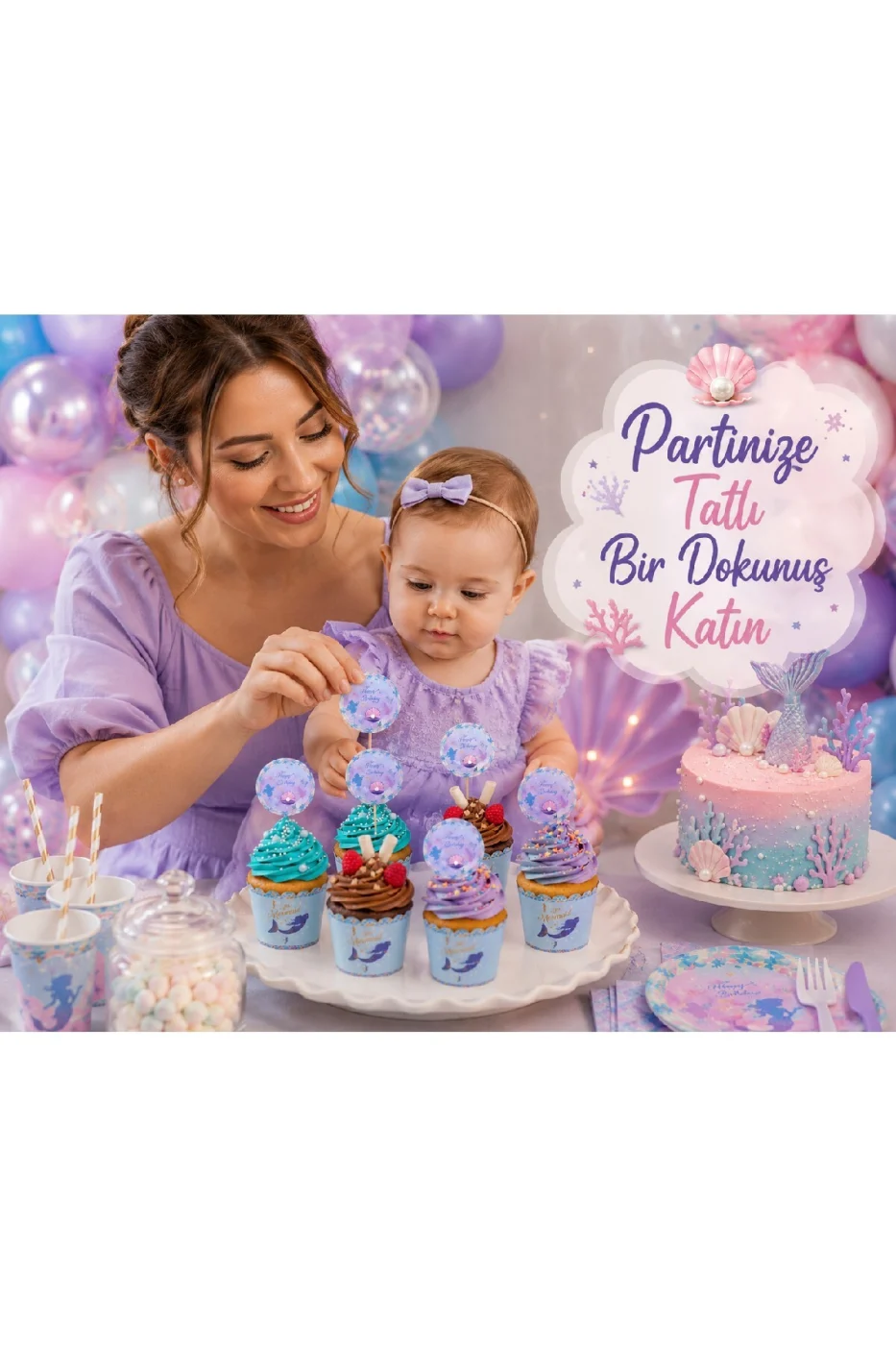 Deniz Kızı Mermaid Cupcake Süsleme Seti 8 Cupcake Kalıbı + 8 Kürdan Süs Doğum Günü Parti Malzemeleri gorsel 4