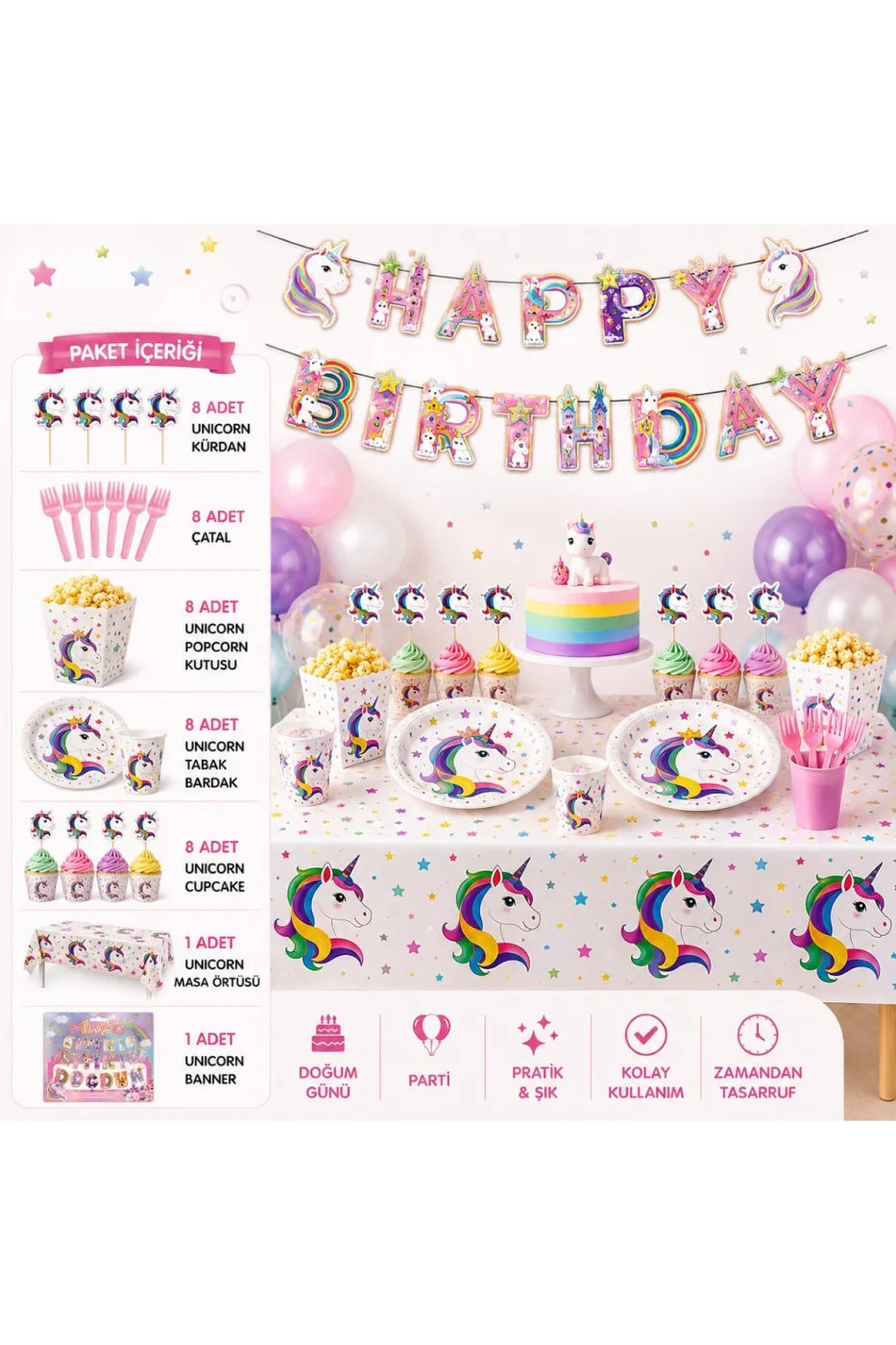 Unicorn Doğum Günü Parti Seti 8 Kişilik Komple Konsept Parti Süsleri Masa Süsleme Seti gorsel 6