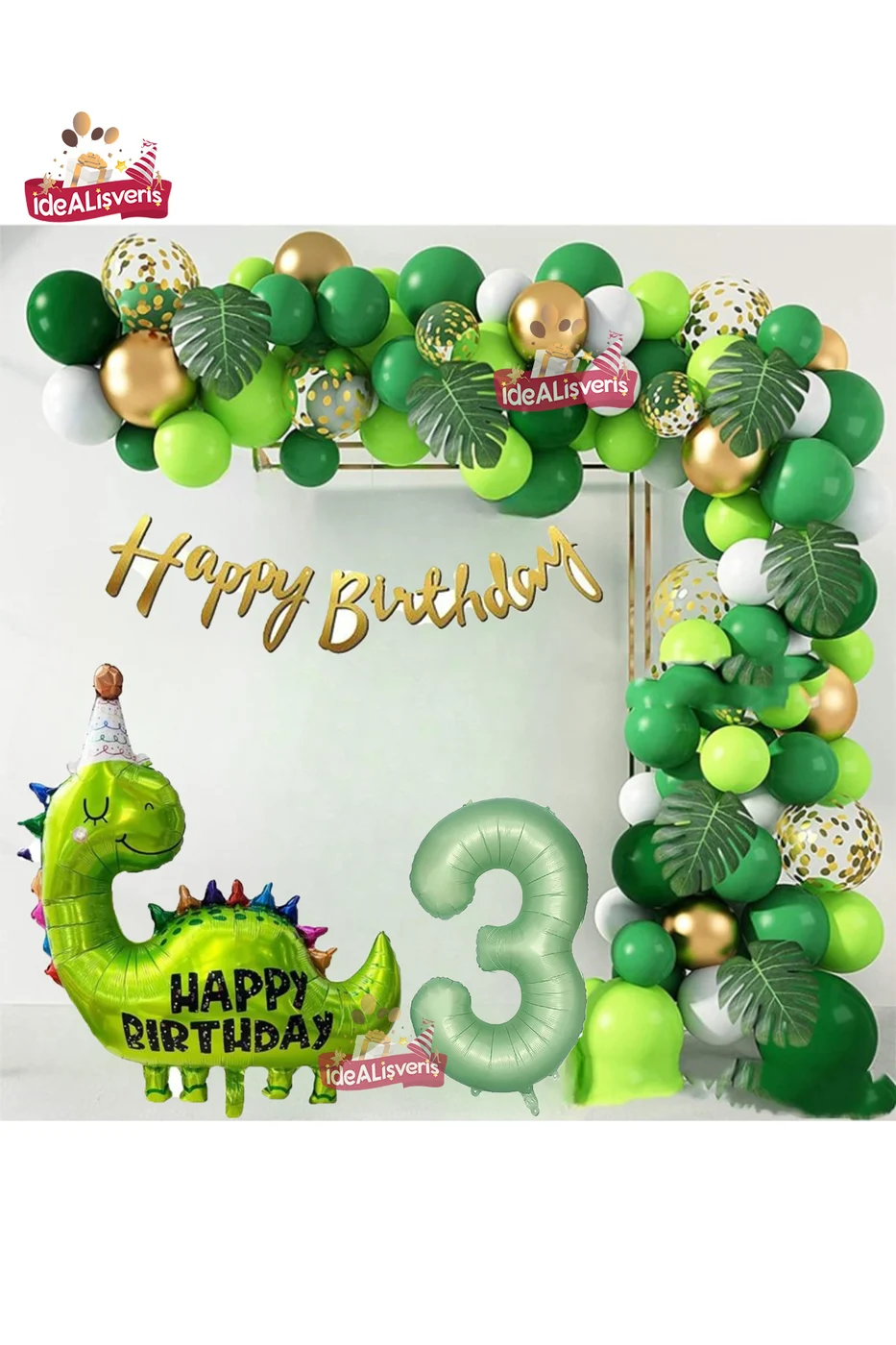 Happy Birthday Yazılı Dinozor 3 Yaş Folyo Balonlu Yeşil Gold Beyaz Doğum Günü Parti Seti