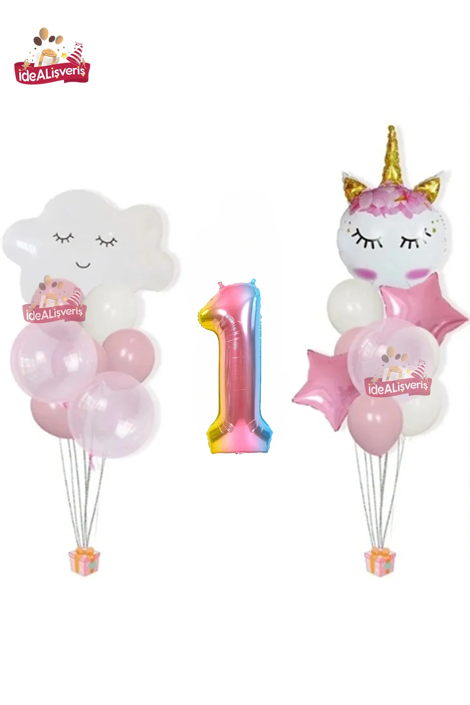 Bulut Eyelash Gökkuşağı 1 Yaş Folyo Pembe Beyaz Balonlu Doğum Günü Parti Seti