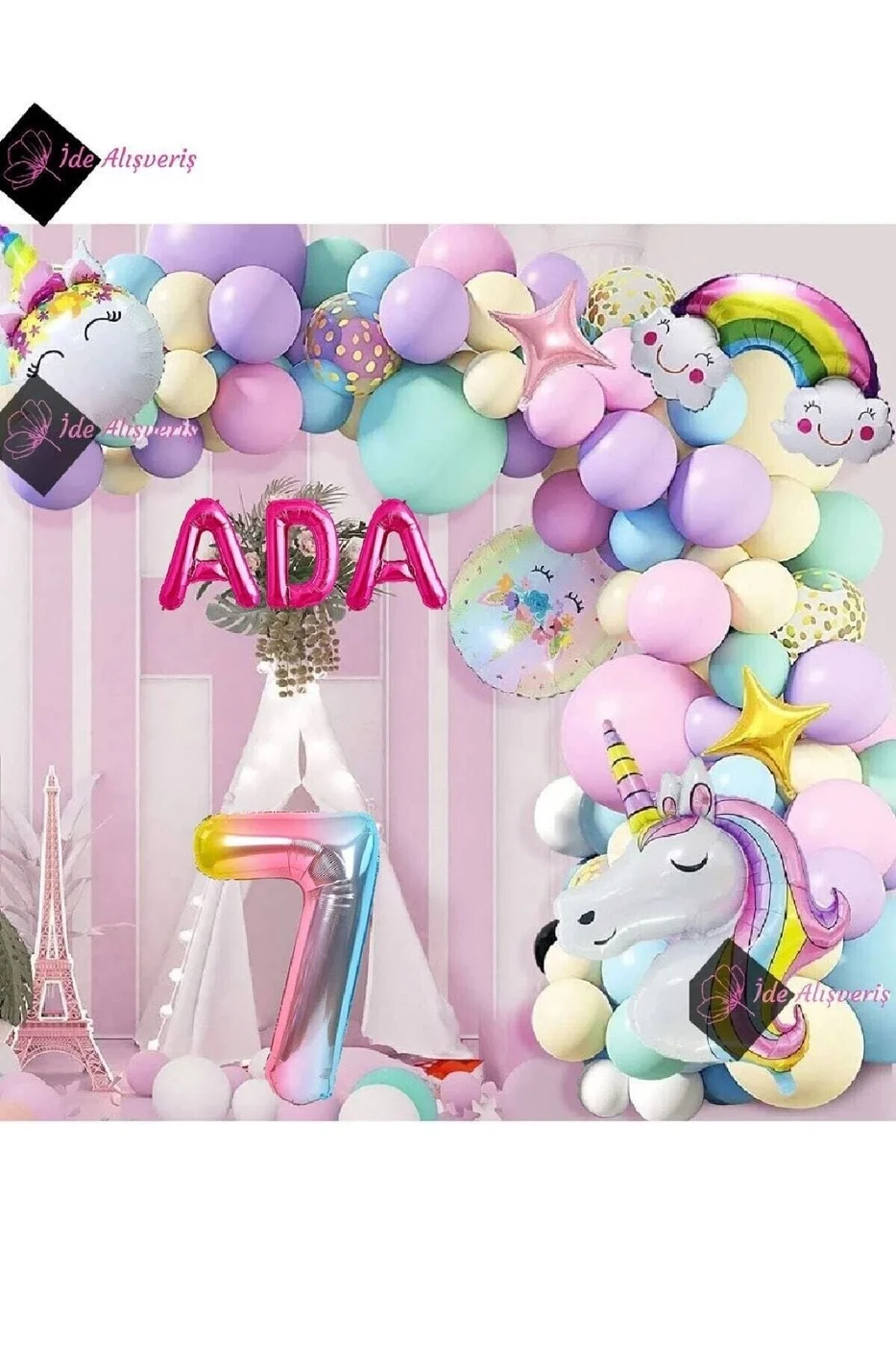 7 Yaş Ve 3 Harfli Gökkuşağı Konsepti Unicorn Temalı Makaron Balon Doğum Günü Parti Kutlama Seti gorsel 3