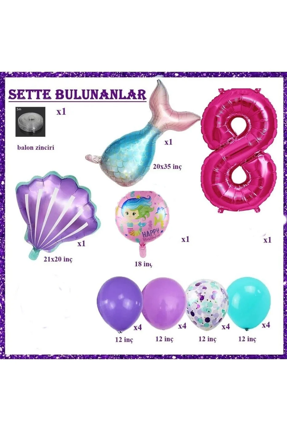 Küçük 8 Yaş Deniz Kızı Temalı Doğum Günü Parti Kutlama Seti Konsept gorsel 2