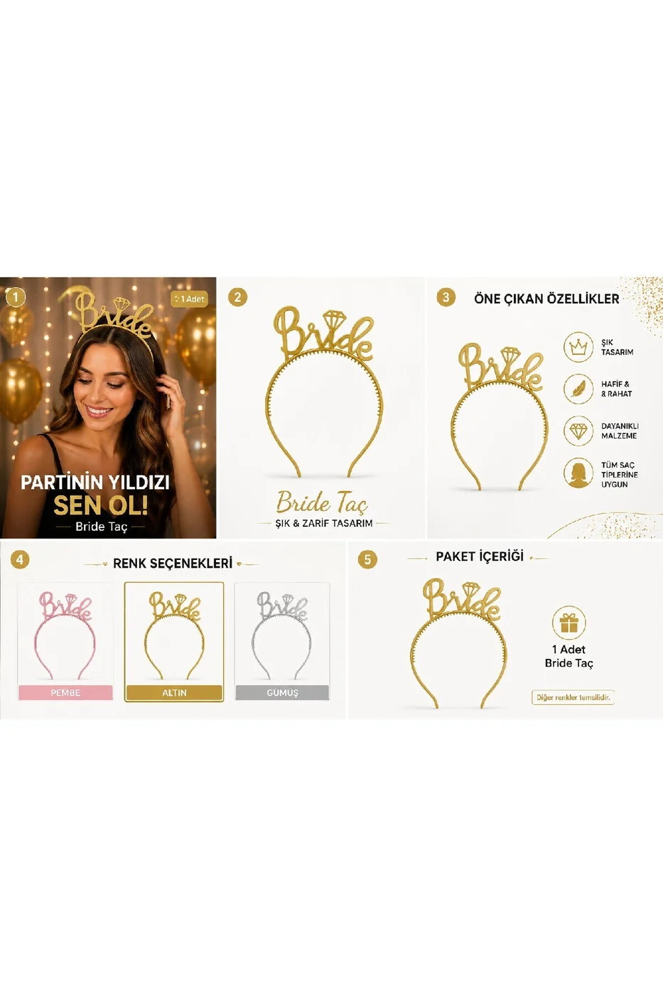Mat Altın Bride Taç – Bekarlığa Veda & Doğum Günü Parti Tacı gorsel 3
