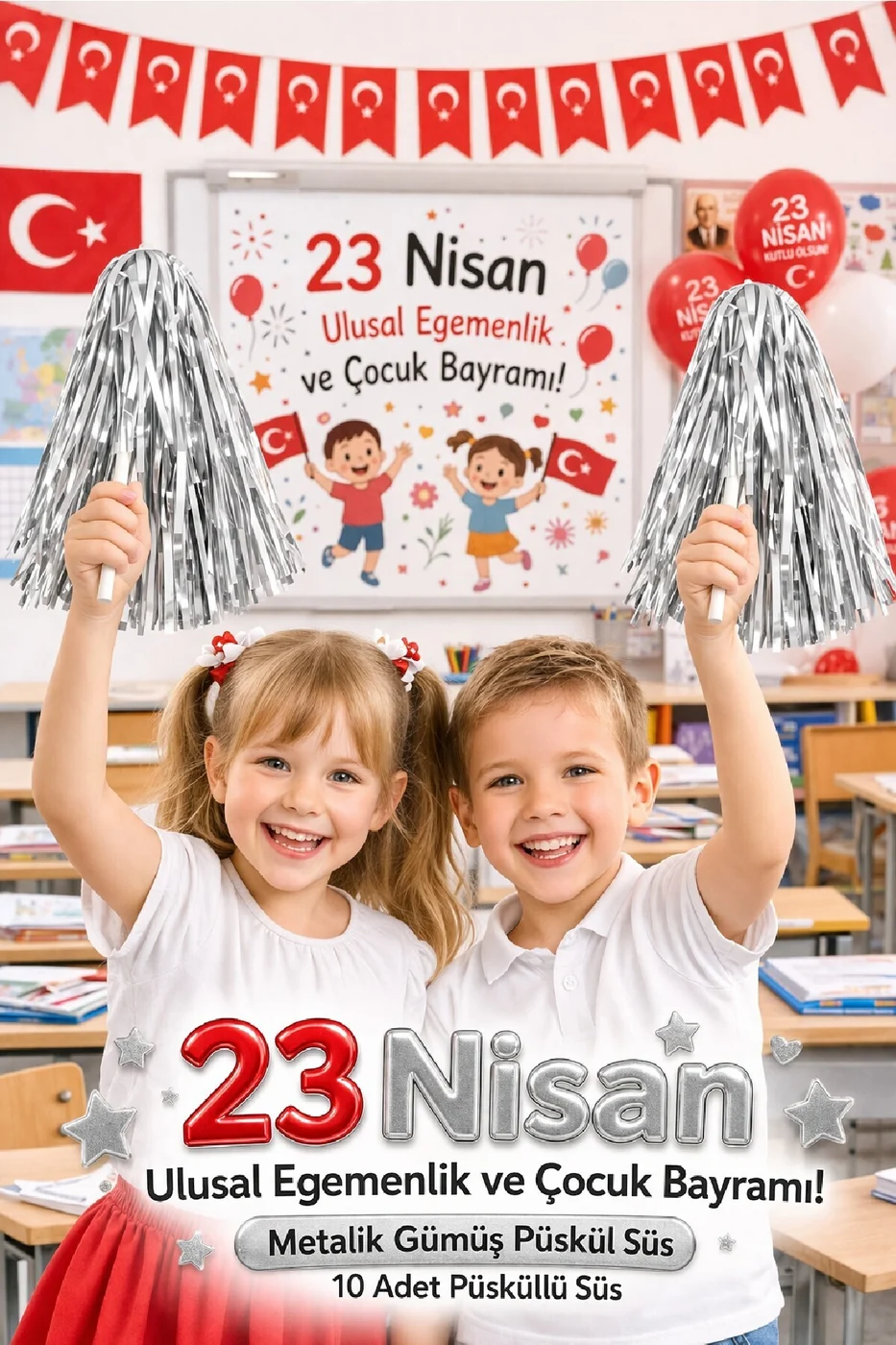 5 Çift 23 Nisan Metalik Püskül Süs – Çocuk Bayramı Parti Dekoru 10 Adet gorsel 3