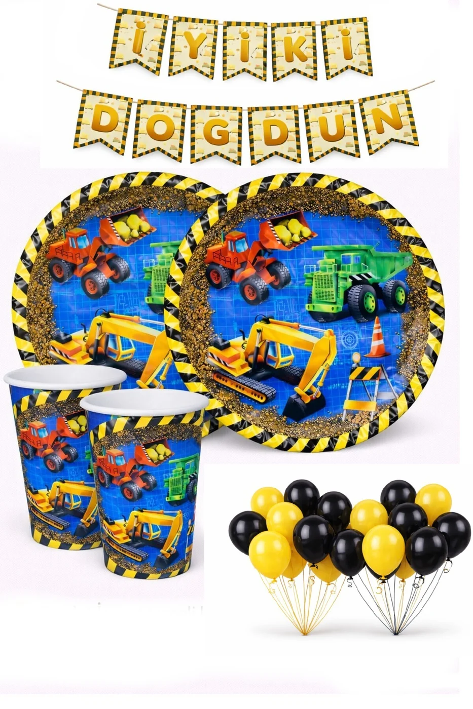 İnşaat Temalı 20’li Sarı Siyah Balon Seti Tabak Bardaklı Parti & Doğum Günü Dekorasyon
