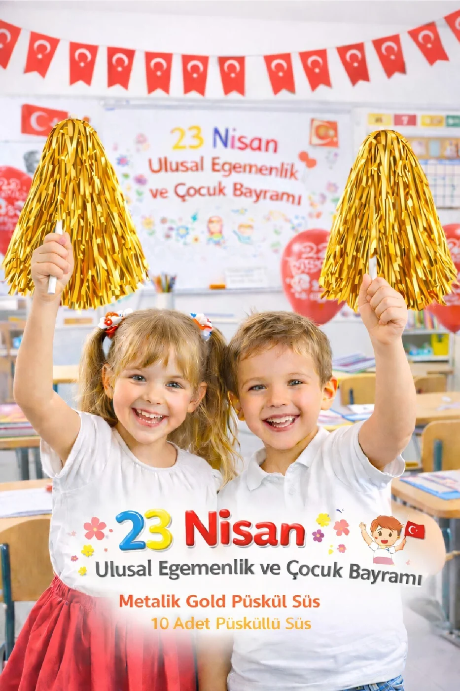 1 Çift 23 Nisan Metalik Püskül Süs – Çocuk Bayramı Parti Dekoru 2 Adet