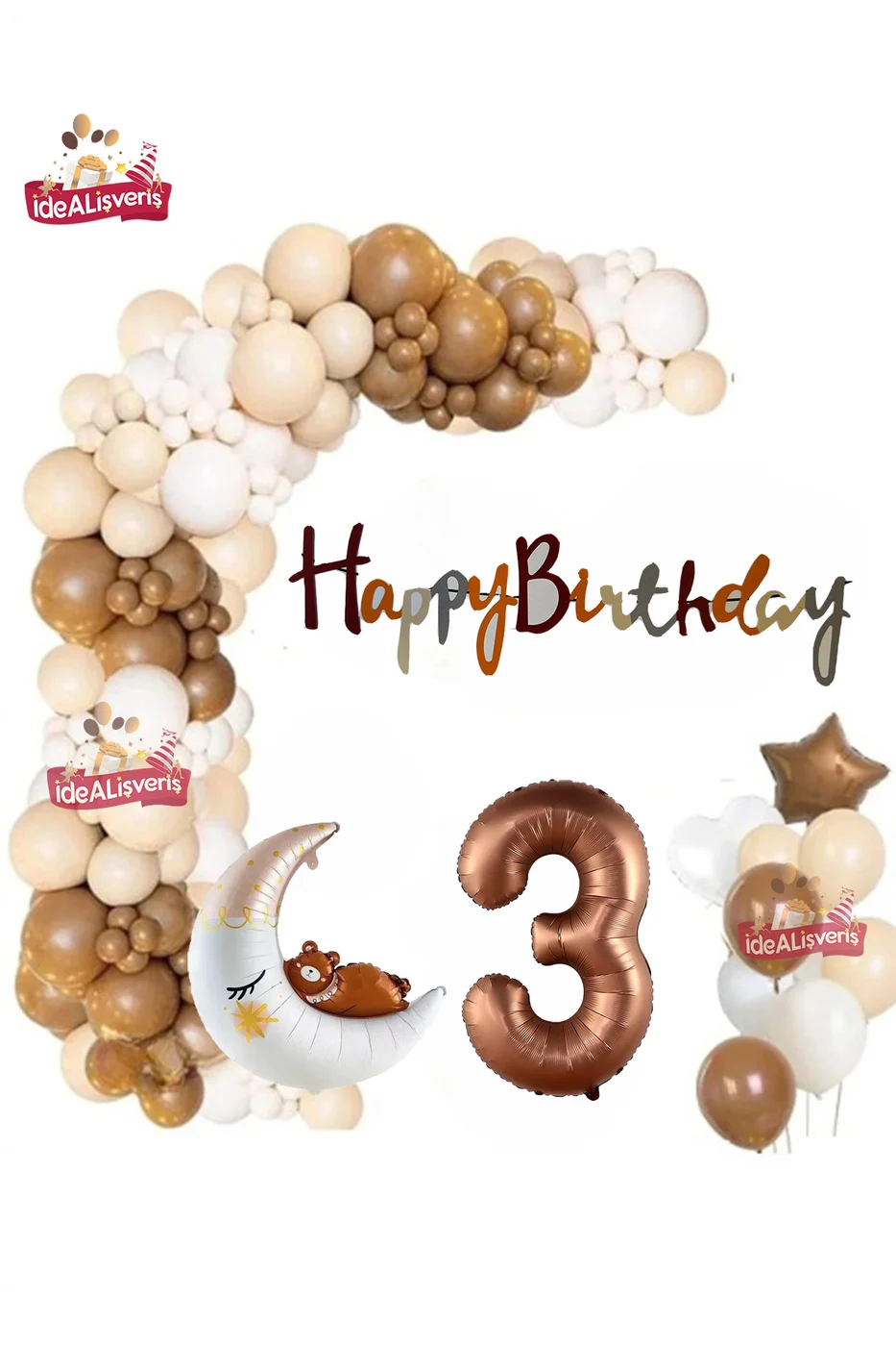 Kahverengi 3 Yaş Kalp Yıldız Ayılı Ay Folyo Balonlu Balon Zincirli Doğum Günü Parti Seti