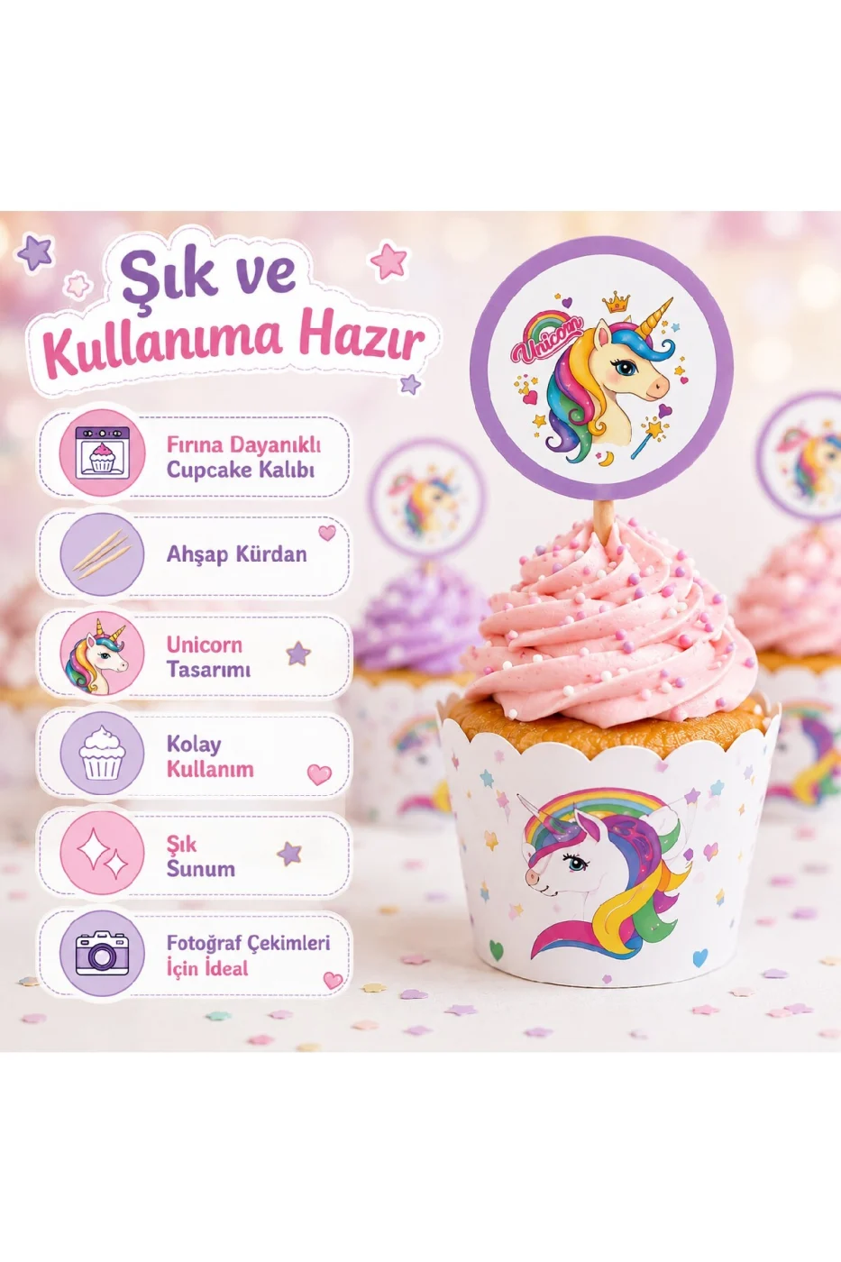 Unicorn Cupcake Süsü 8'li Set | 8 Cupcake Kalıbı + 8 Unicorn Kürdan | Doğum Günü Parti Malzemeleri | Baby Shower | Diş Buğdayı gorsel 7