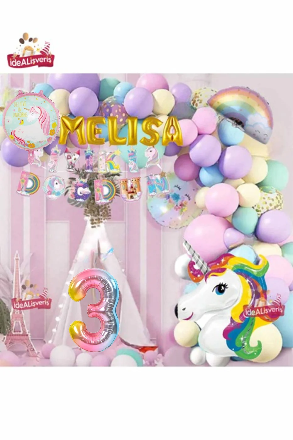 6 Gold Harfli Yaş Unicorn Temalı Iyi Ki Doğdun Makaron Balon Doğum Günü Parti Kutlama Seti Süsü