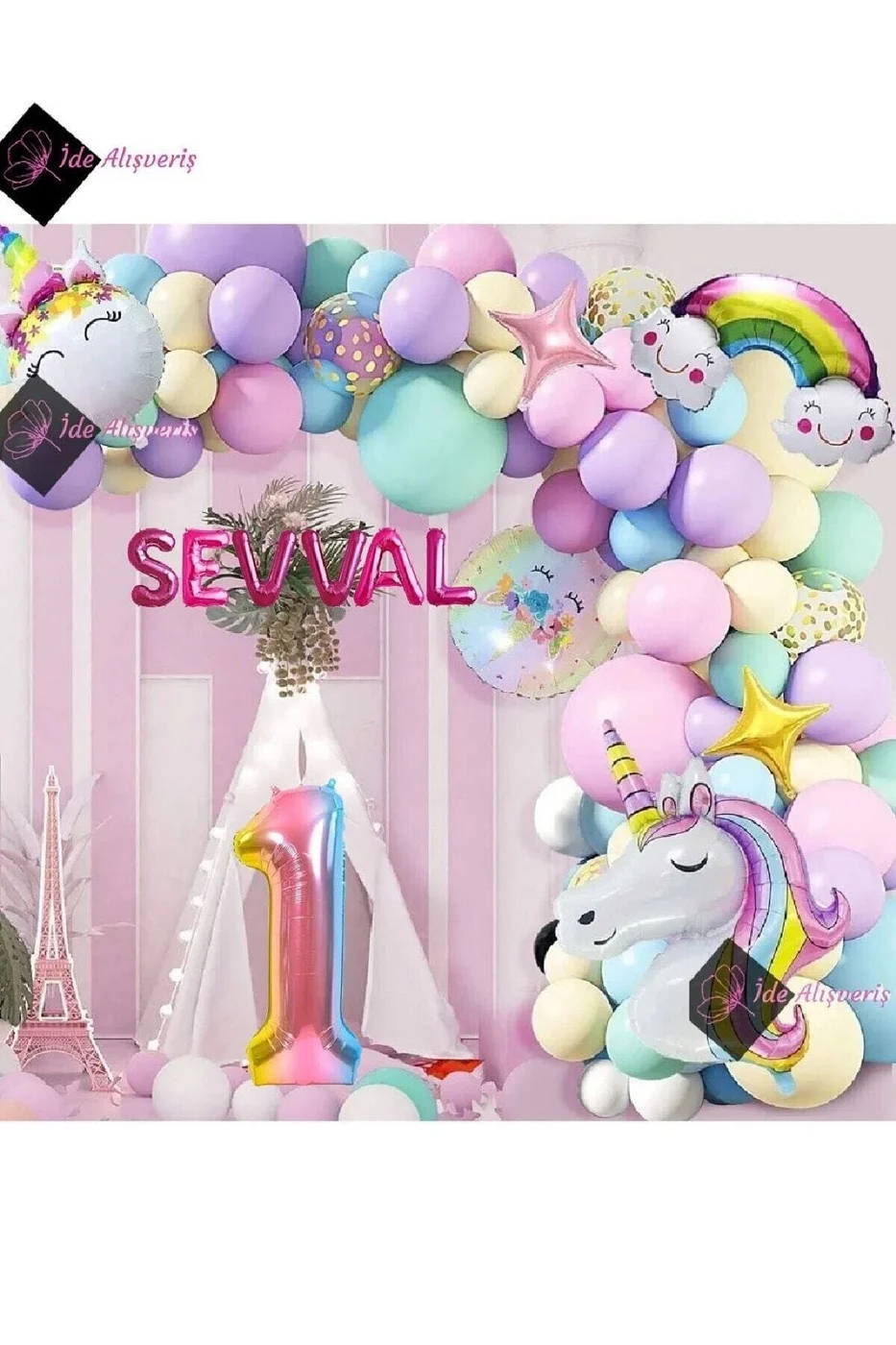 6 Harfli 1 Yaş Gökkuşağı Konsepti Unicorn Temalı Makaron Balon Doğum Günü Parti Kutlama Seti gorsel 3