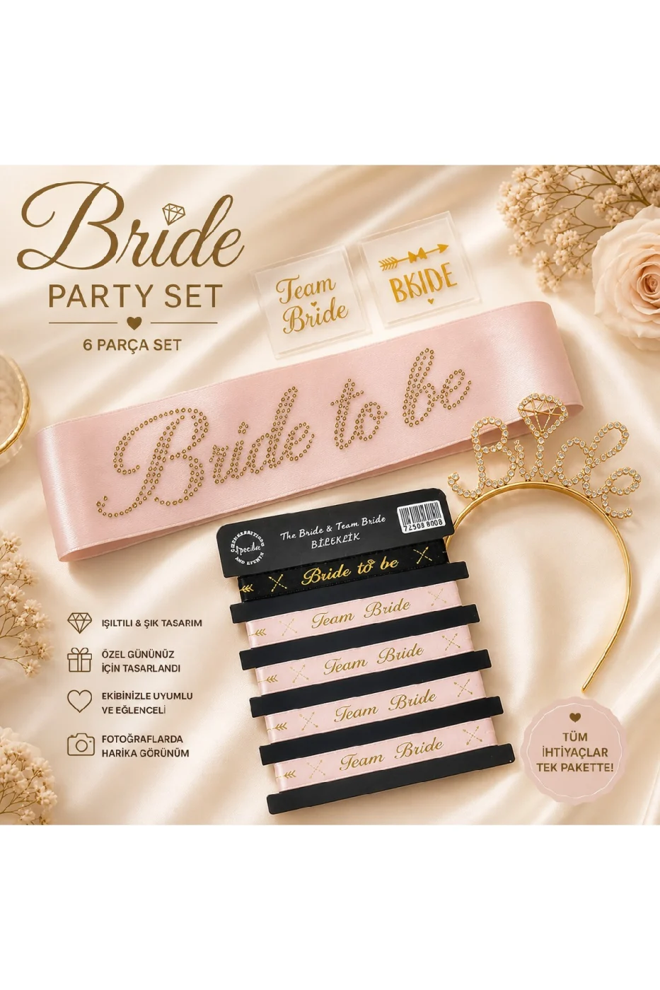 Bride To Be Bekarlığa Veda Seti 5 Parça – Taşlı Kuşak, Taşlı Metal Taç, Bileklik ve Dövme Seti Pembe Gold