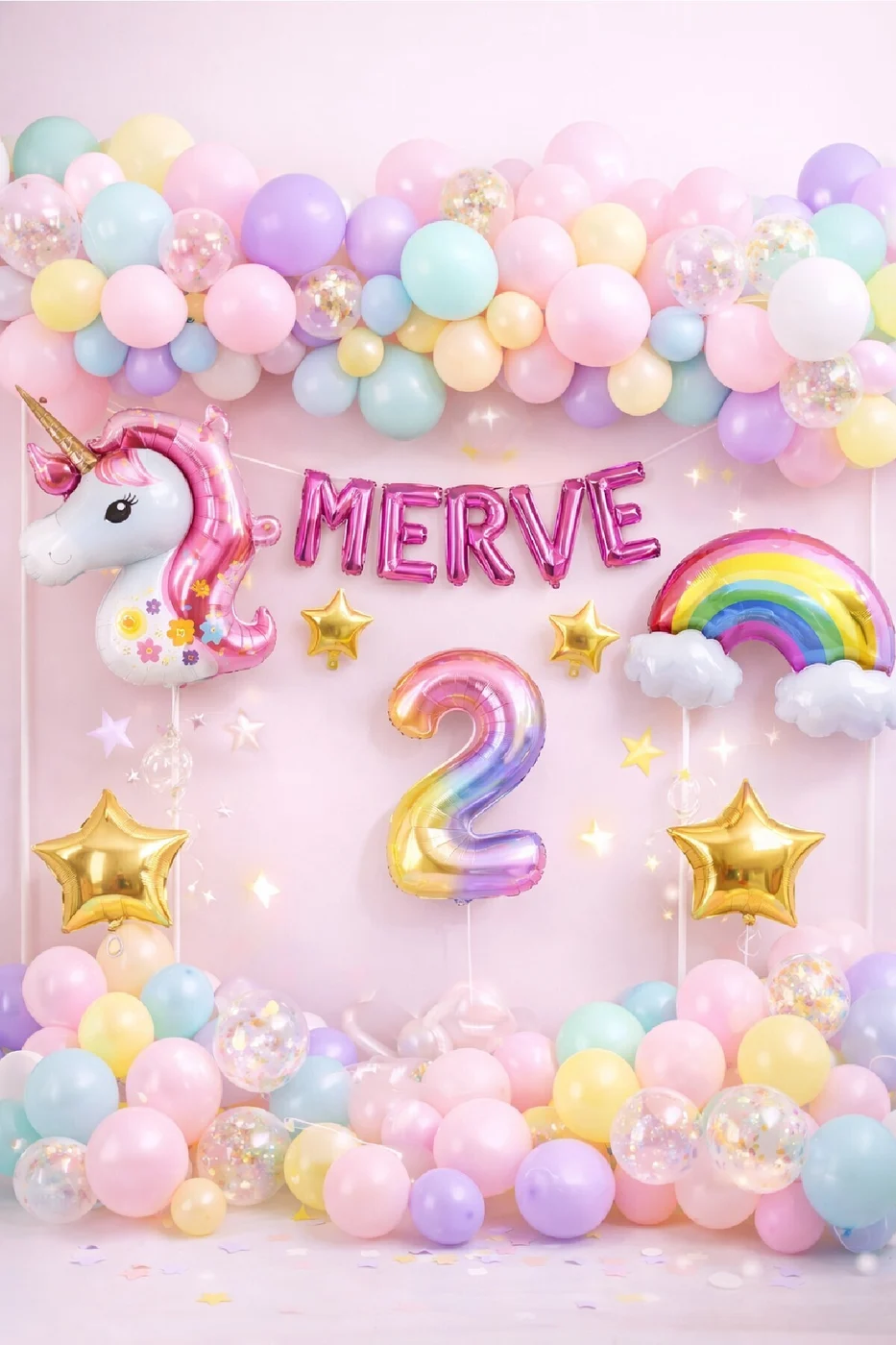 5 Harfli Kişiye Özel Unicorn Doğum Günü Süsü Pastel Balon Zinciri Gökkuşağı Unicorn Balon Parti Seti