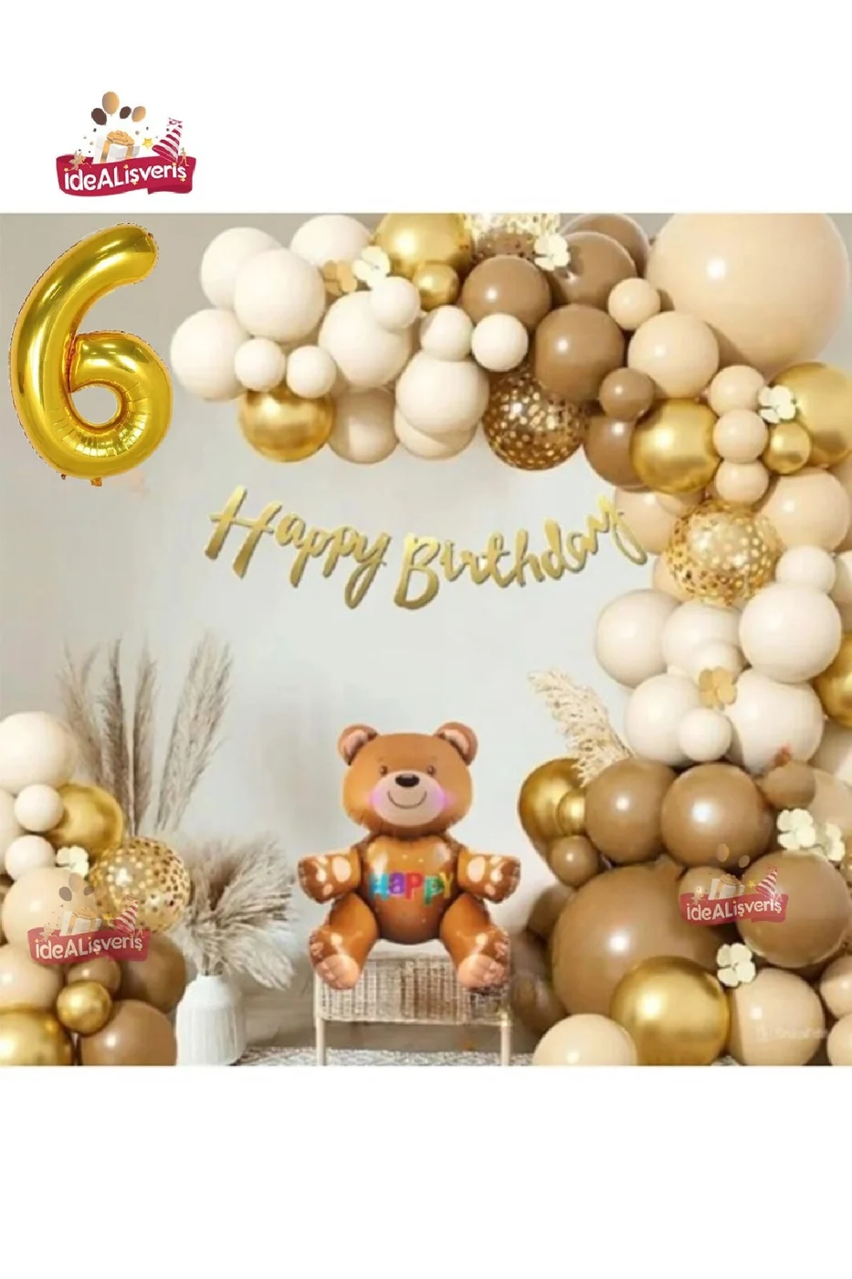 GOLD  RETRO RENK OTURAN AYI FOLYO BALONLU BALON ZİNCİR SET DOĞUM GÜNÜ PARTİ SETİ SÜSÜ gorsel 2