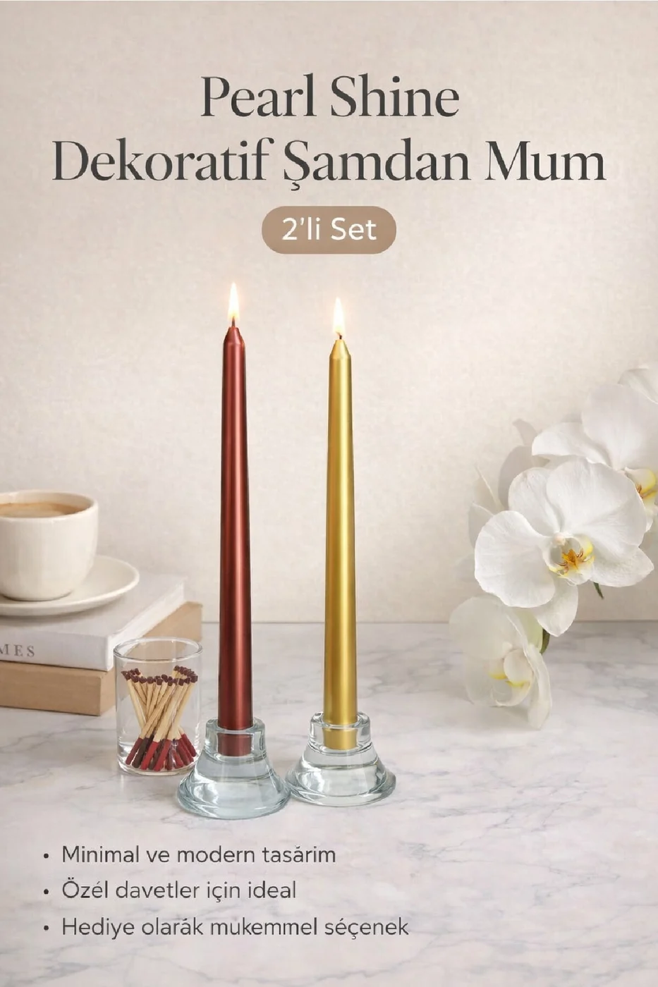 LUXE Şamdan Mum Seti 2’li Gold / Ivory / Silver Dekoratif Uzun Şamdan Mum