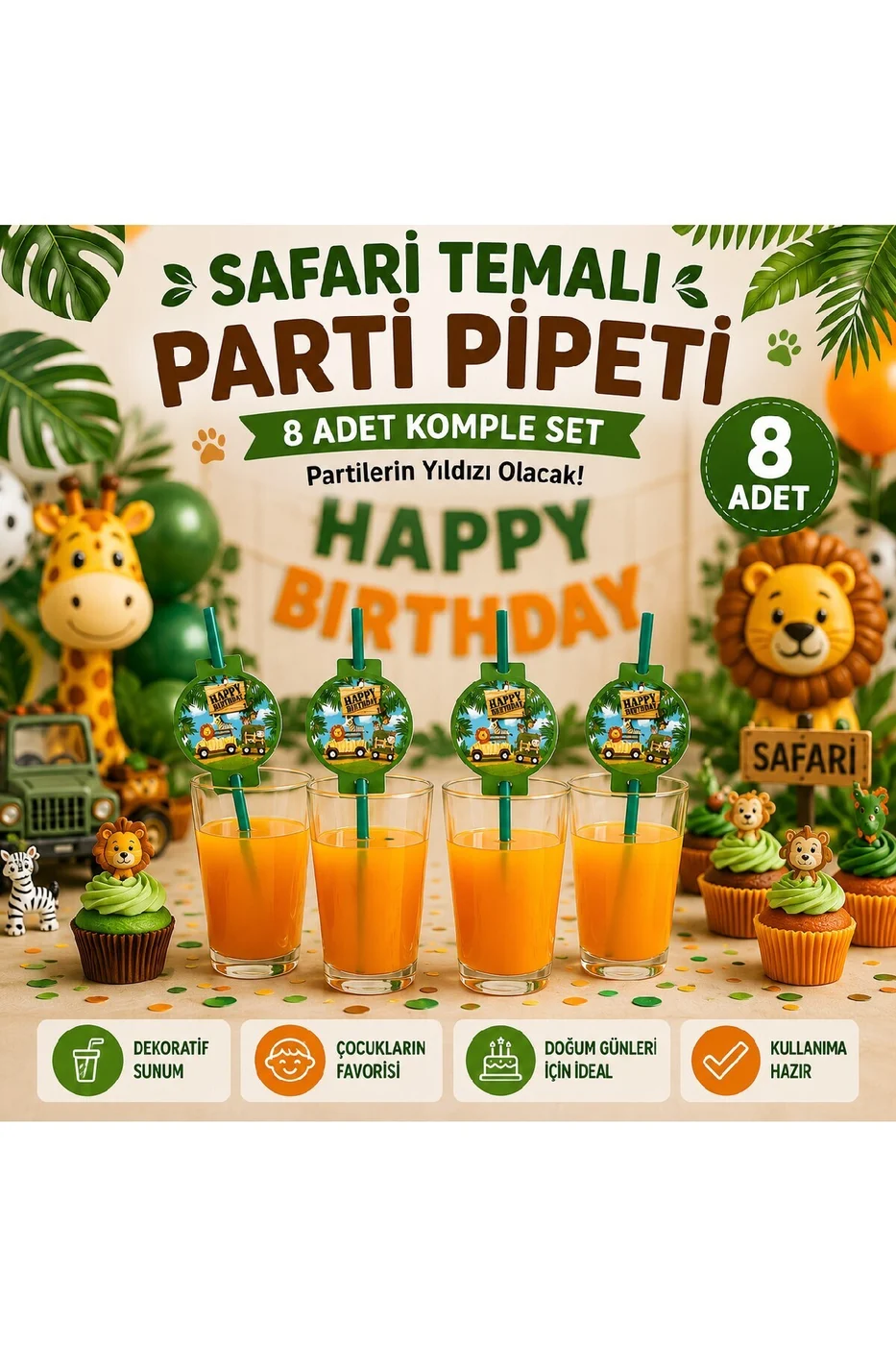 Safari Temalı Parti Pipeti 8 Adet | Doğum Günü Parti Süsleri | Çocuk Parti Malzemeleri | Dekoratif Pipet Seti gorsel 3
