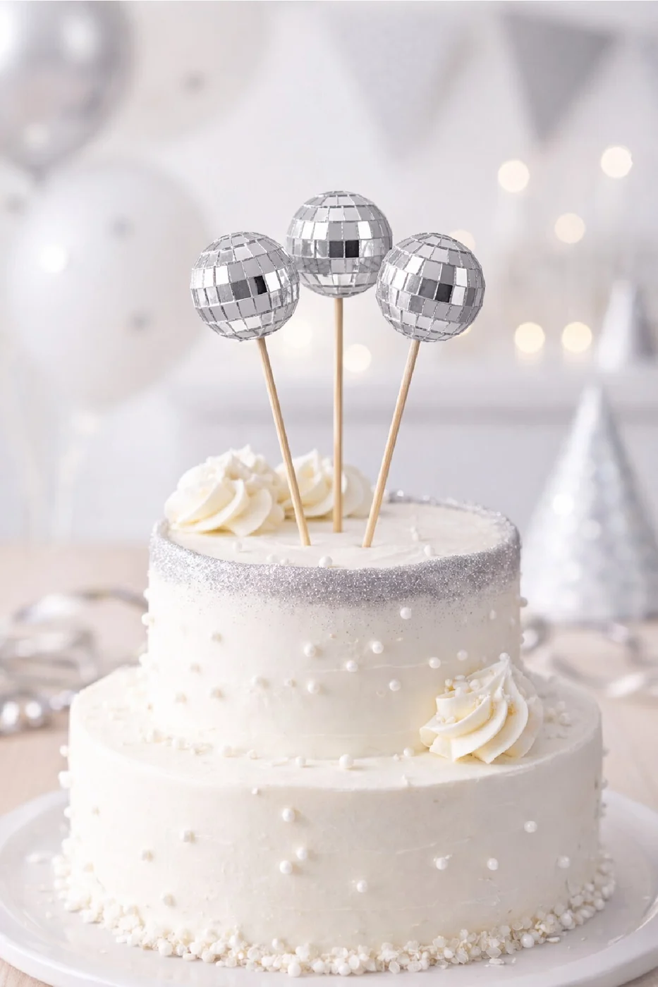 3’lü Disko Top Pasta Süsü –Gümüş Ayna Top Kürdan Seti Şık Parti Cake Topper gorsel 3