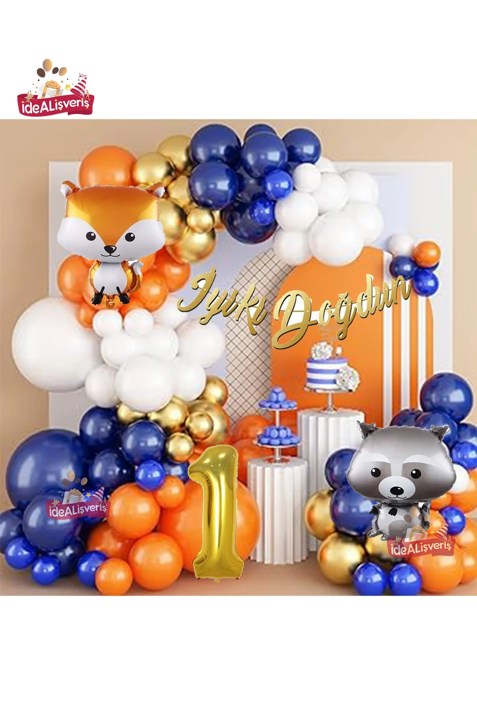 Turuncu Lacivert Gold 1 Yaş Rakun Ve Tilki Folyolu Doğum Günü Balon Zincir Seti