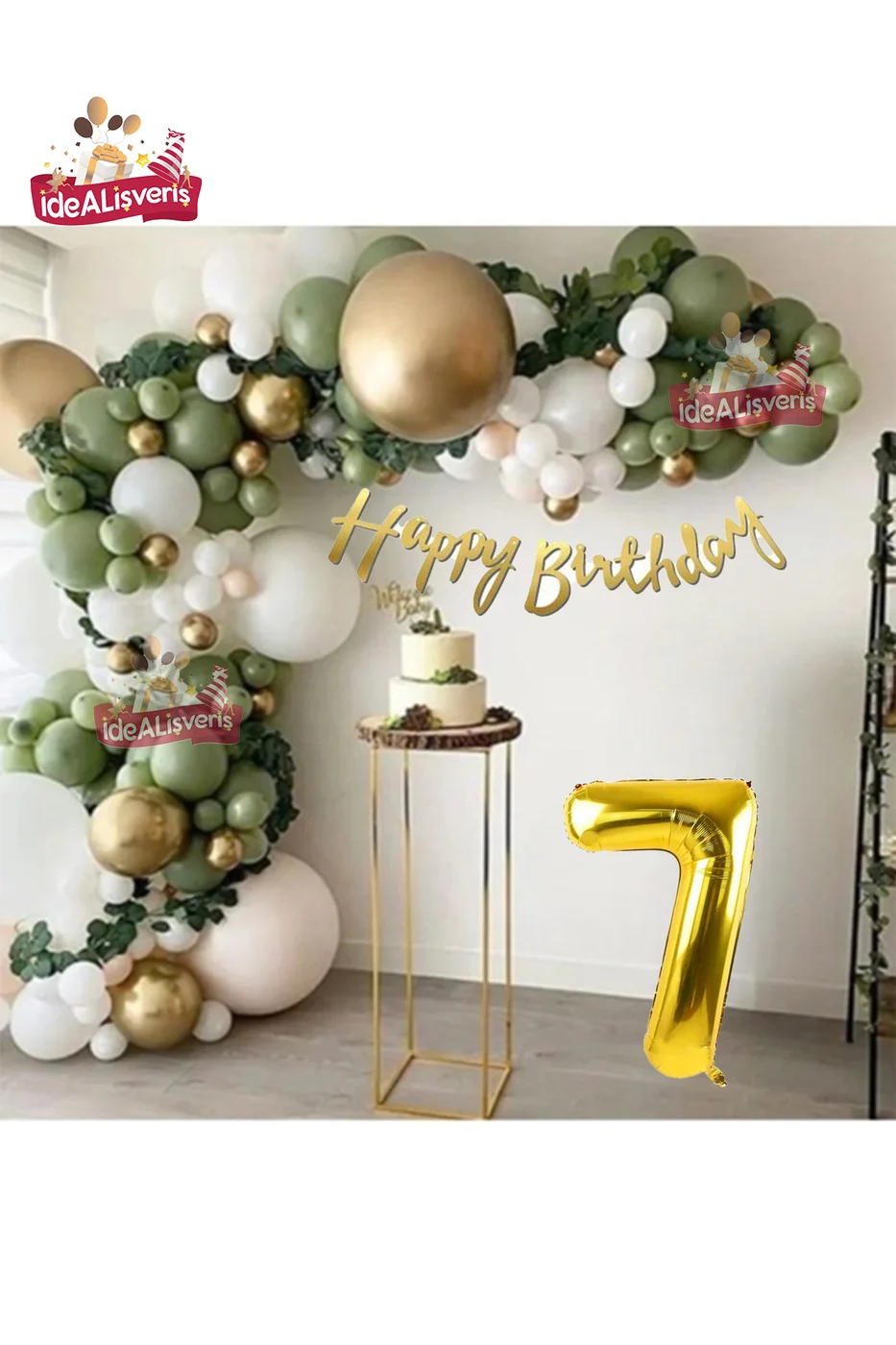 7 Yaş Happy Kaligrafi Yazılı Küf Yeşili Gold Beyaz Balon Zinciri Seti Doğum Günü Parti Seti Süsü gorsel 5