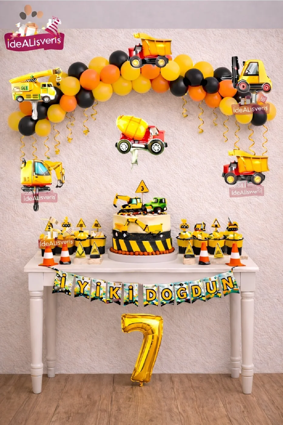 İnşaat Temalı Yaş Doğum Günü Süsleme Seti İş Makinesi Folyo Balon Balon Zinciri Parti Dekoru Süsü