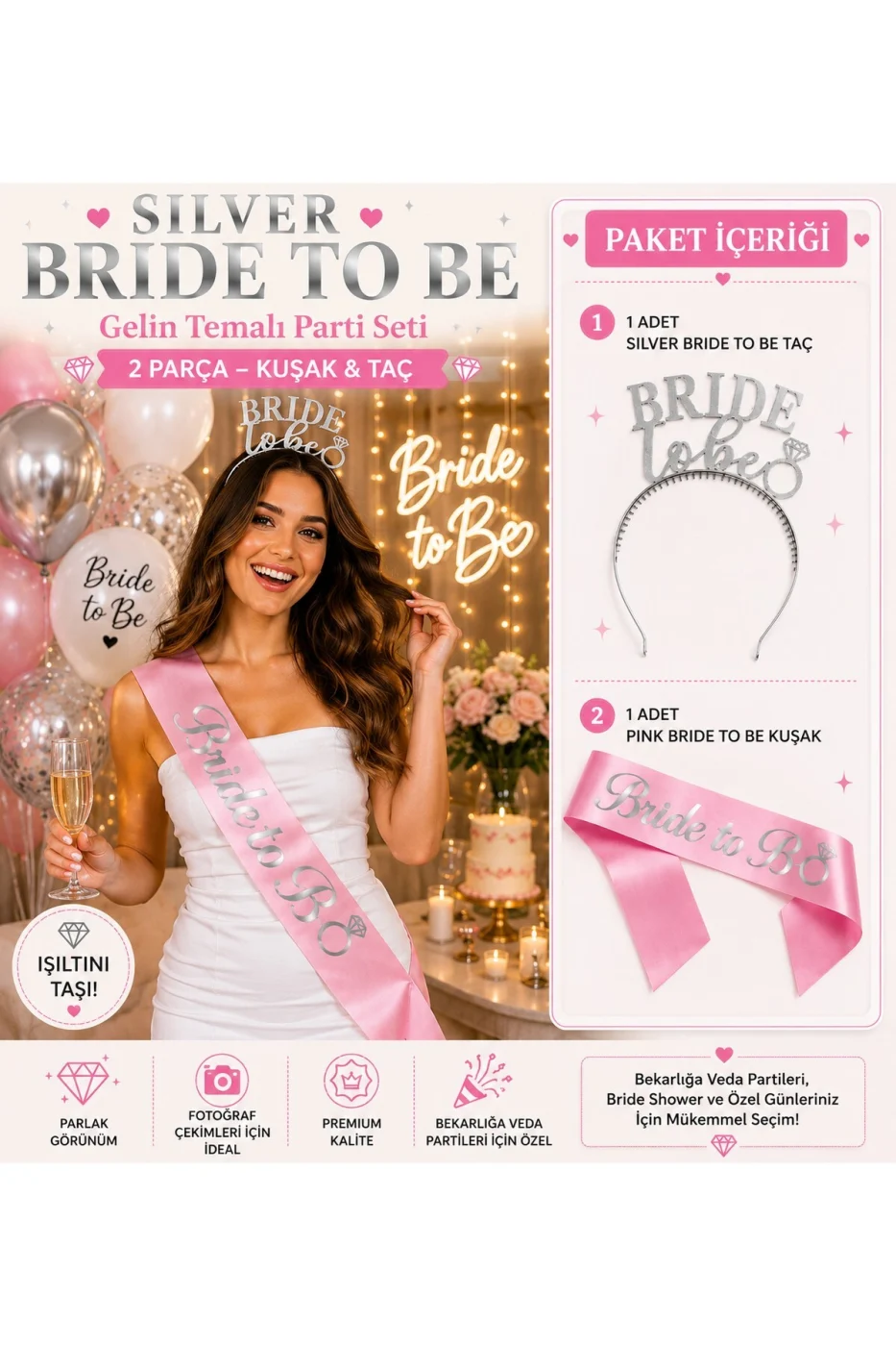 Bride To Be Taç ve Pembe Kuşak Seti - Bekarlığa Veda Gelin Aksesuarı - Bridal Shower Parti Seti gorsel 3