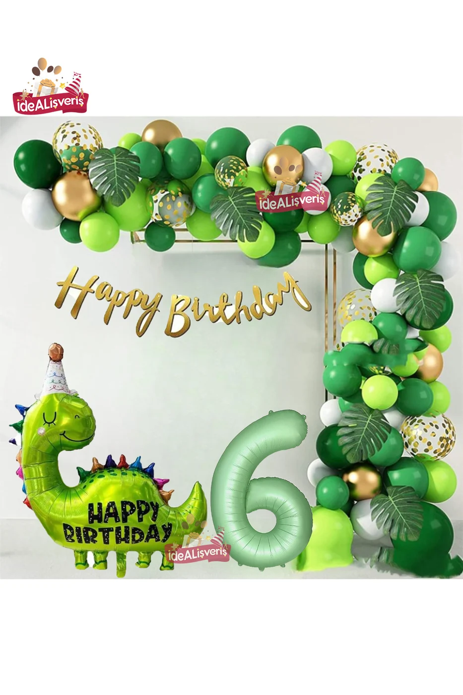 Happy Birthday Yazılı Dinozor 6 Yaş Folyo Balonlu Yeşil Gold Beyaz Doğum Günü Parti Seti