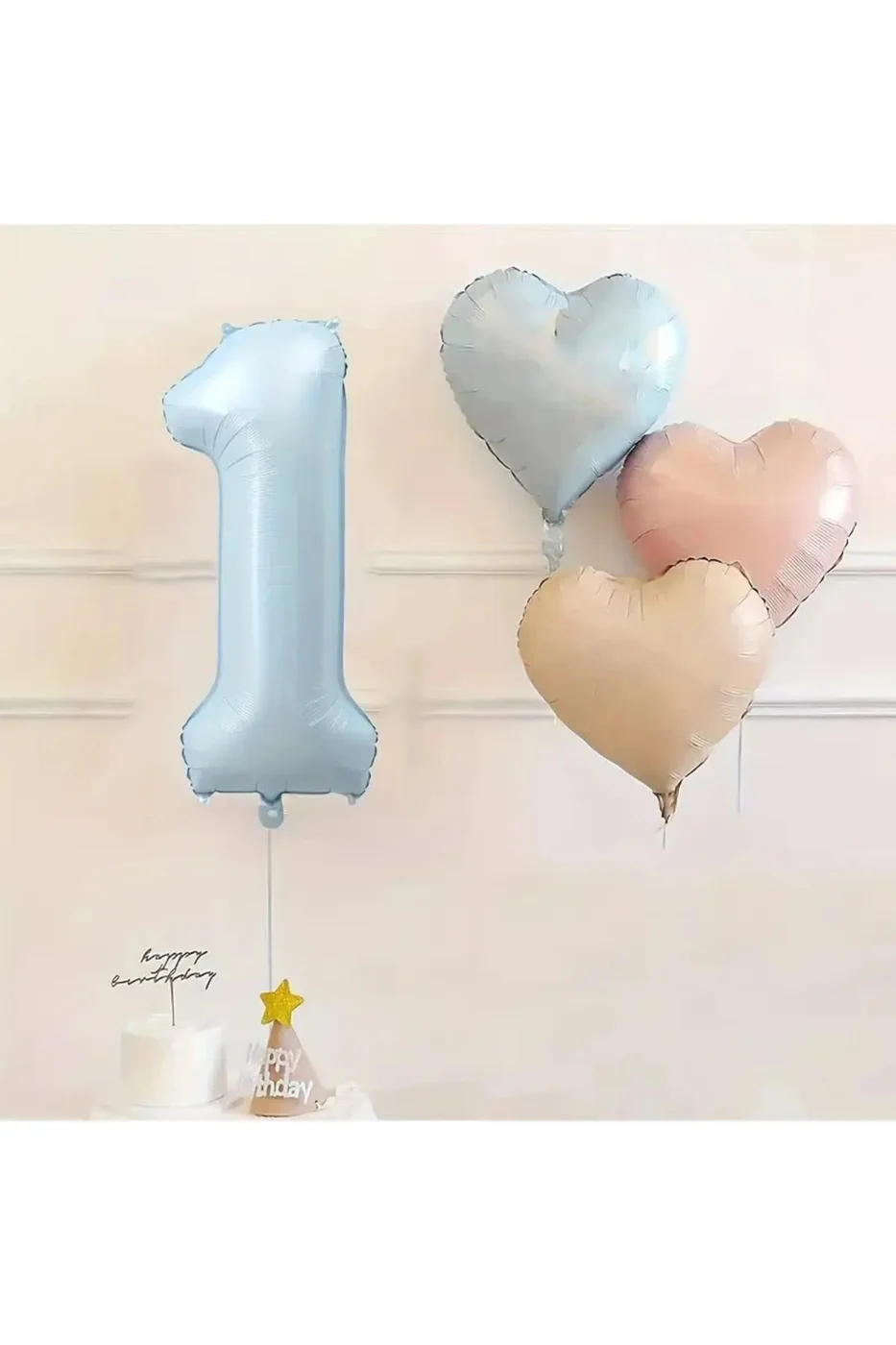 1 Yaş Mavi Rakam Folyo Balon Retro Mavi Pembe Satin Kalp Folyo Balon Doğum Günü Balon Seti gorsel 2