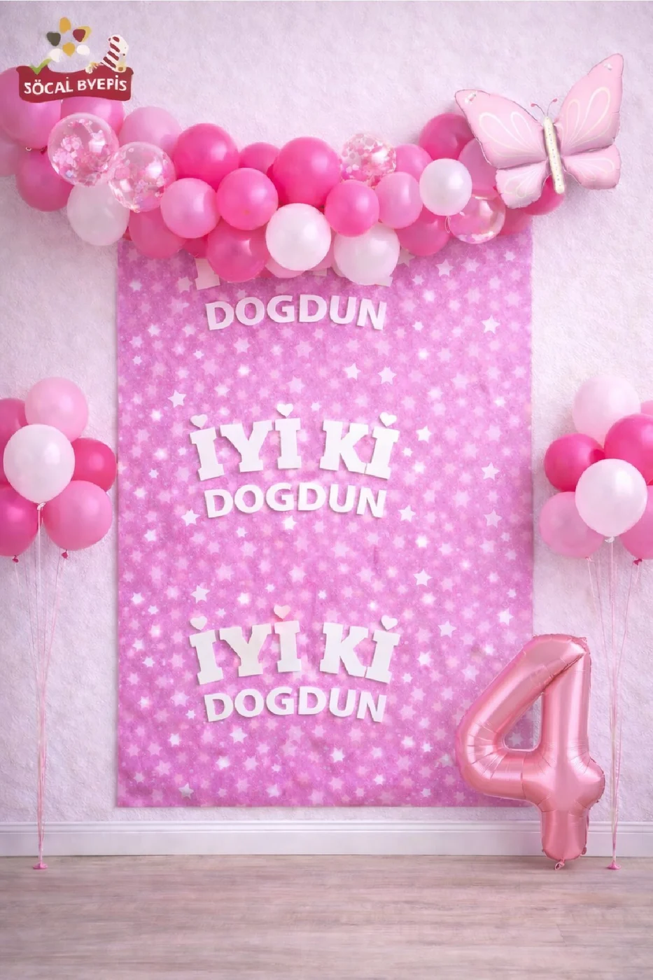 Retro Kelebekli Pembe Yaş Balonlu İyi Ki Doğdun Baskılı Arkafon Doğum Günü Parti Seti Süsü