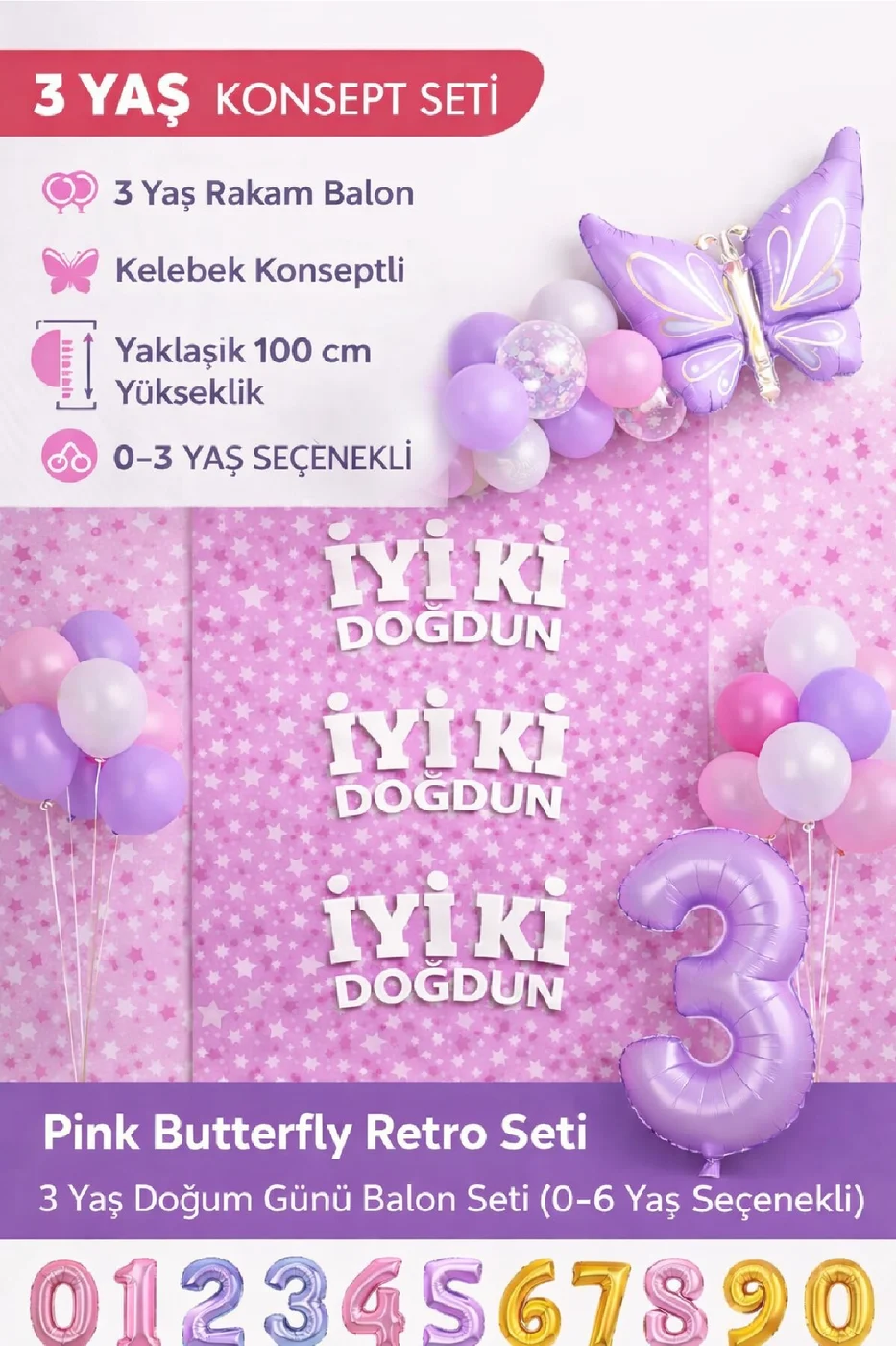 Retro Lila Kelebek Yaş Balonlu Doğum Günü Balon Parti Seti İyi Ki Doğdun Arka Fonlu Doğum Günü Süsü gorsel 3