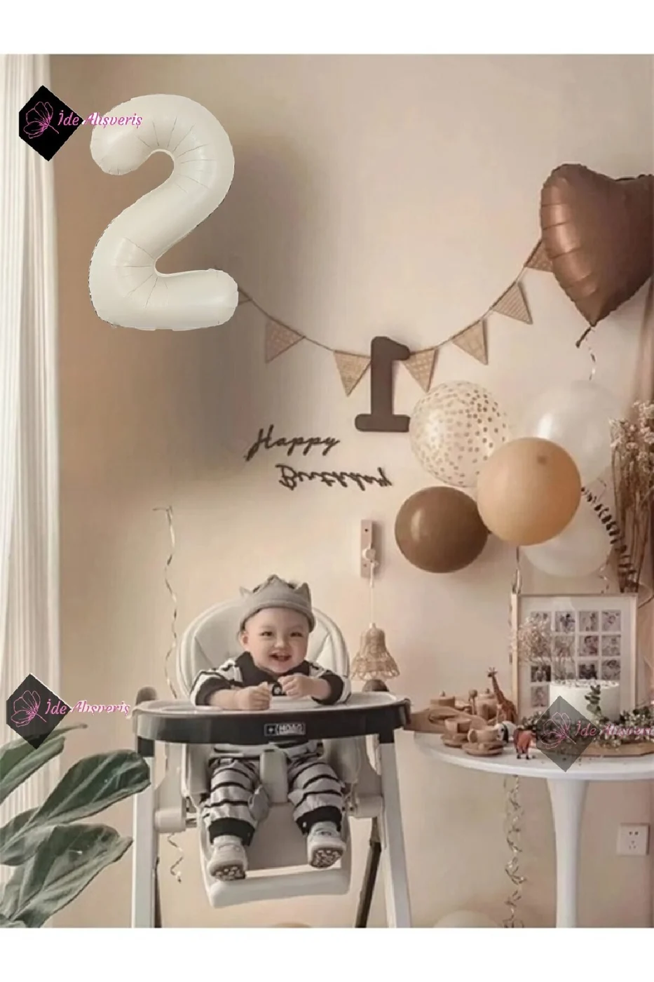 10 Adet Balonlu Kahverengi Kalp Folyolu ,Krem 2 yaş Folyo Balon gorsel 2