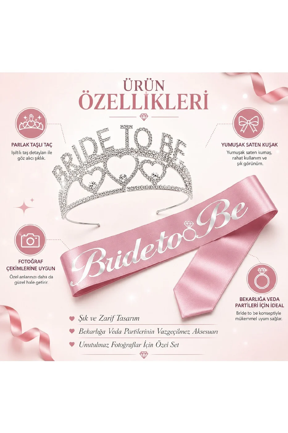 Bride To Be Taç ve Kuşak Seti Bekarlığa Veda Partisi Gelin Aksesuarı gorsel 2