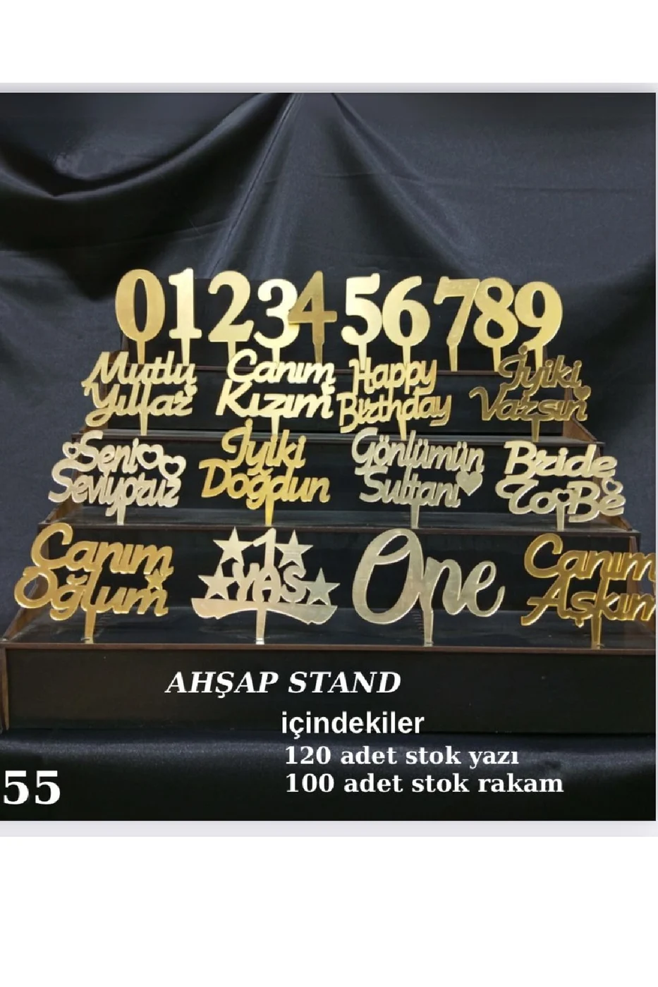 GOLD PLEKSİ AHŞAP STAND 120 ADET PASTA YAZISI 100 ADET RAKAM PİLEKSİ gorsel 5