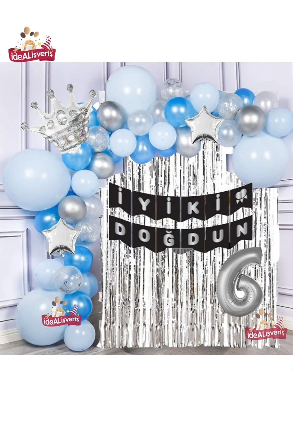 Gümüş Mavi Konseptli Yıldızlı Kral Taçlı 6 Yaş Balon Zinciri Doğum Günü Seti Iyi Ki Doğdun gorsel 2