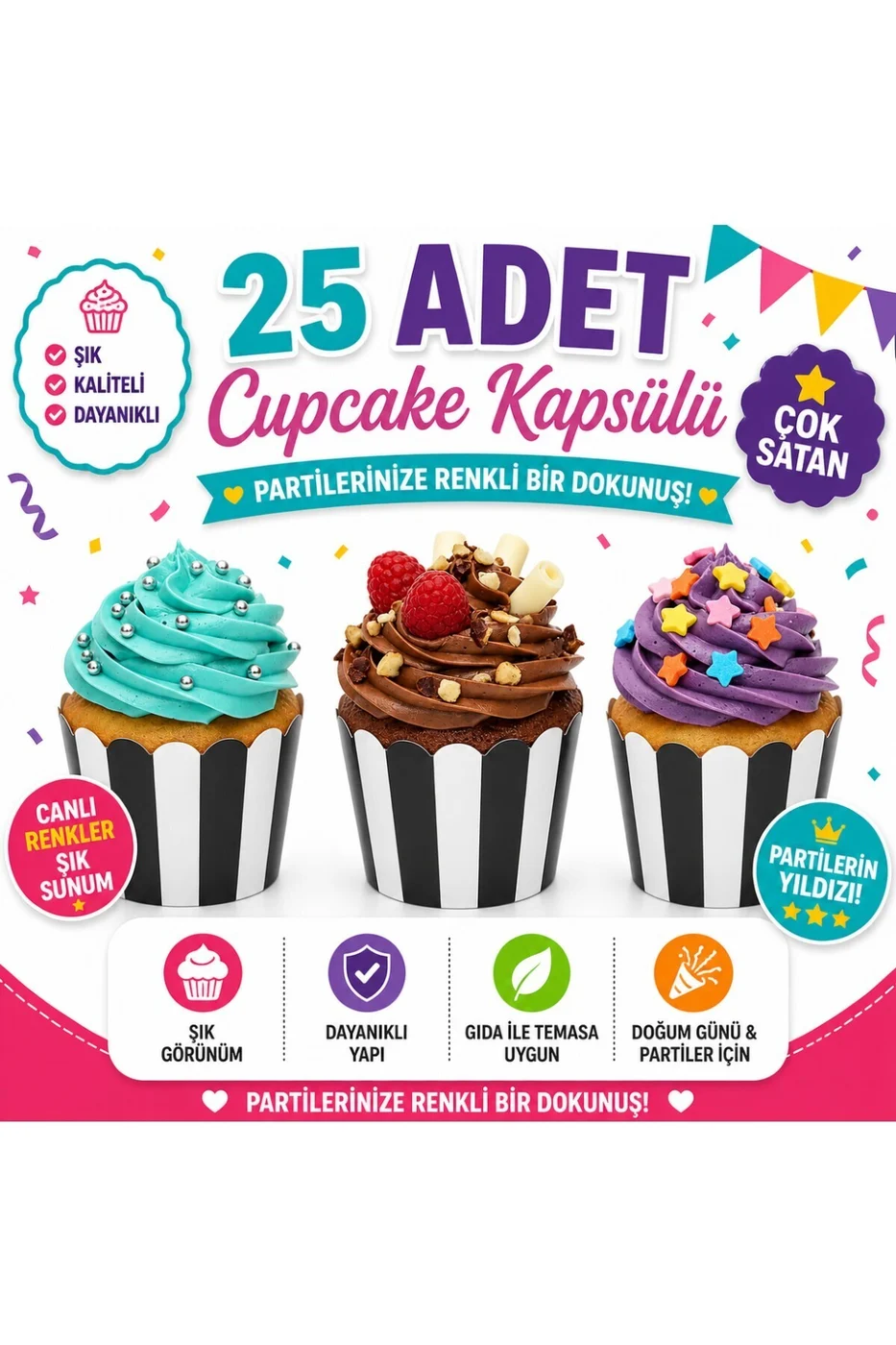 Temalı Desenli Cupcake Kapsülü 25’li – Şık Parti Muffin Kağıdı