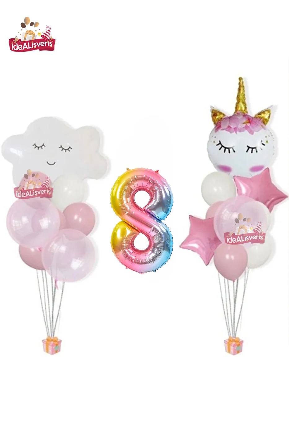 Bulut Eyelash Gökkuşağı 8 Yaş Folyo Pembe Beyaz Balonlu Doğum Günü Parti Seti