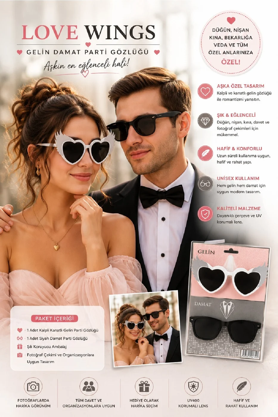 Love Wings Gelin Damat Parti Gözlüğü – Düğün, Nişan, Bekarlığa Veda Fotoğraf Aksesuarı gorsel 2