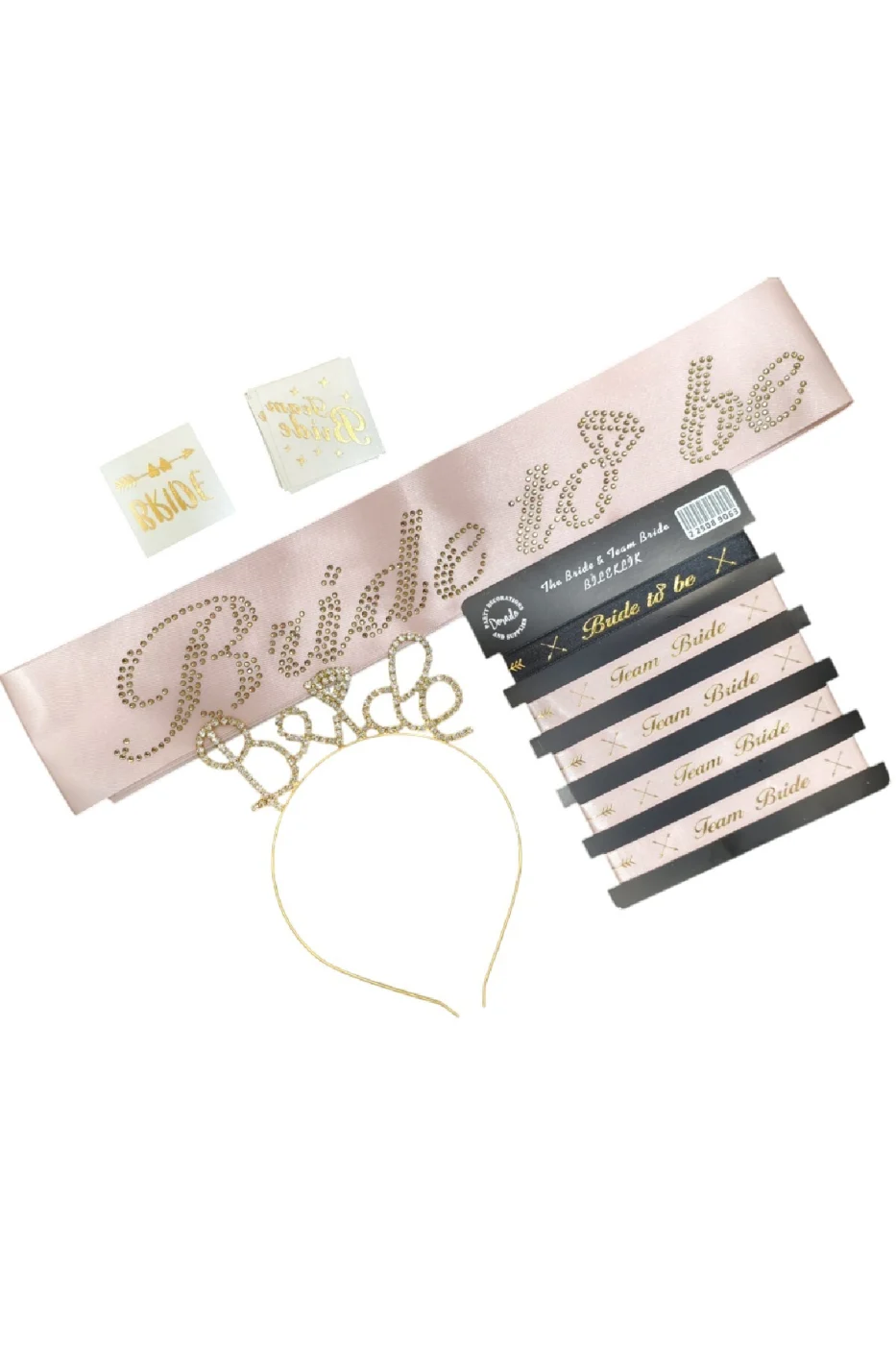Bride To Be Bekarlığa Veda Seti 5 Parça – Taşlı Kuşak, Taşlı Metal Taç, Bileklik ve Dövme Seti Pembe Gold gorsel 2