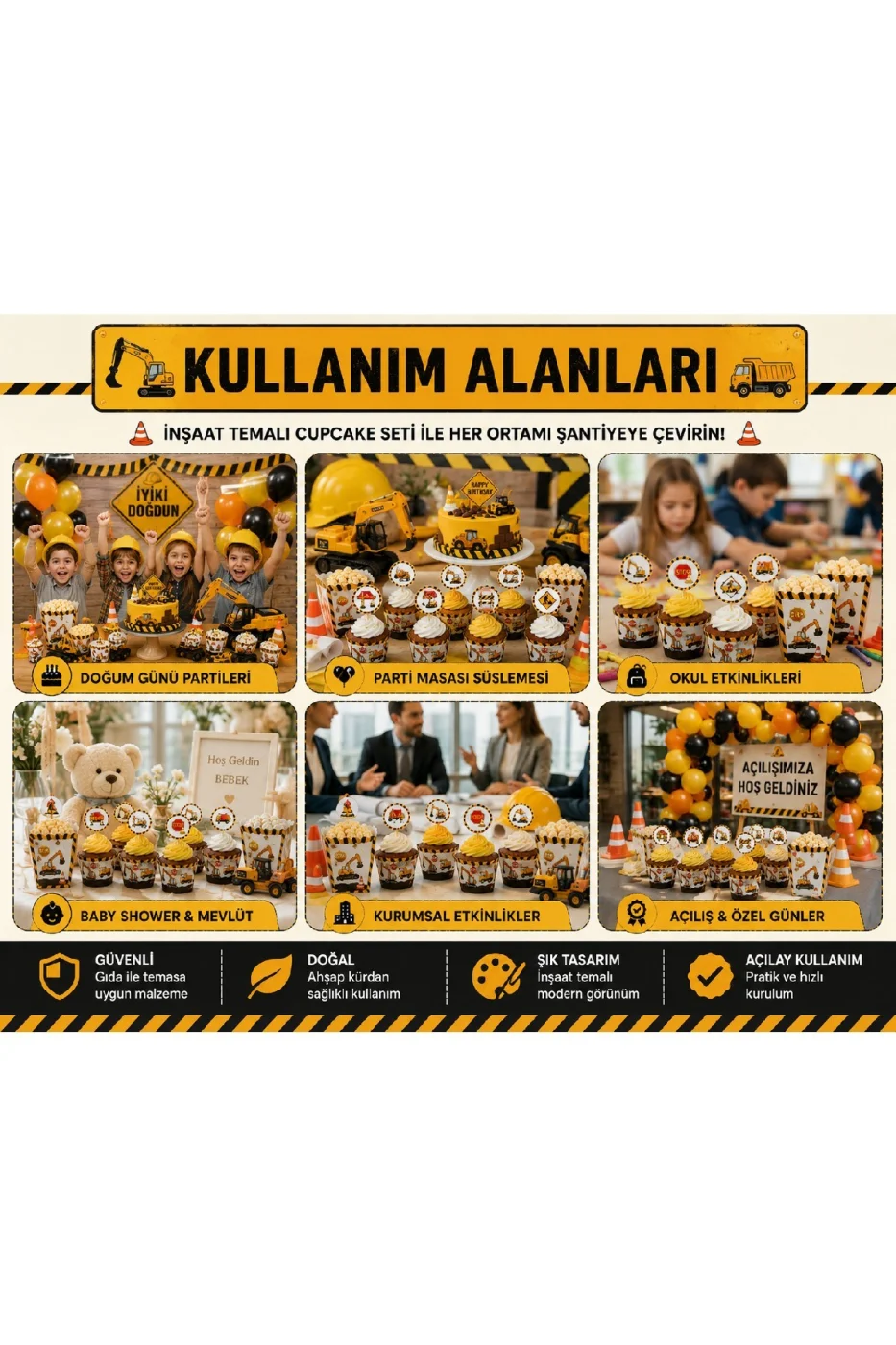 İnşaat Temalı Cupcake Sargısı ve Kürdan Seti 8'li İş Makinesi Doğum Günü Parti Süsü gorsel 5