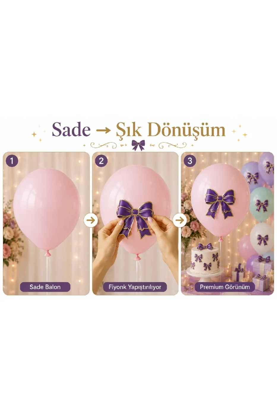 Renk Seçenekli Fiyonk Balon ve Pasta Dekor Fiyonk Seti 12 Adet Büyük & Küçük Boy Parti Süsü Baby Shower Doğum Günü Seti Süsü gorsel 4
