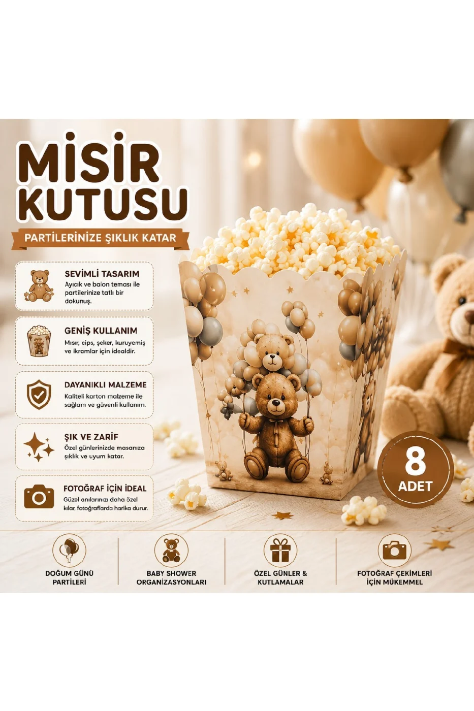 Ayıcık Temalı Mısır Kutusu 8 Adet | Teddy Bear Popcorn Kutusu | Doğum Günü Baby Shower Parti Sunum Kutusu gorsel 2