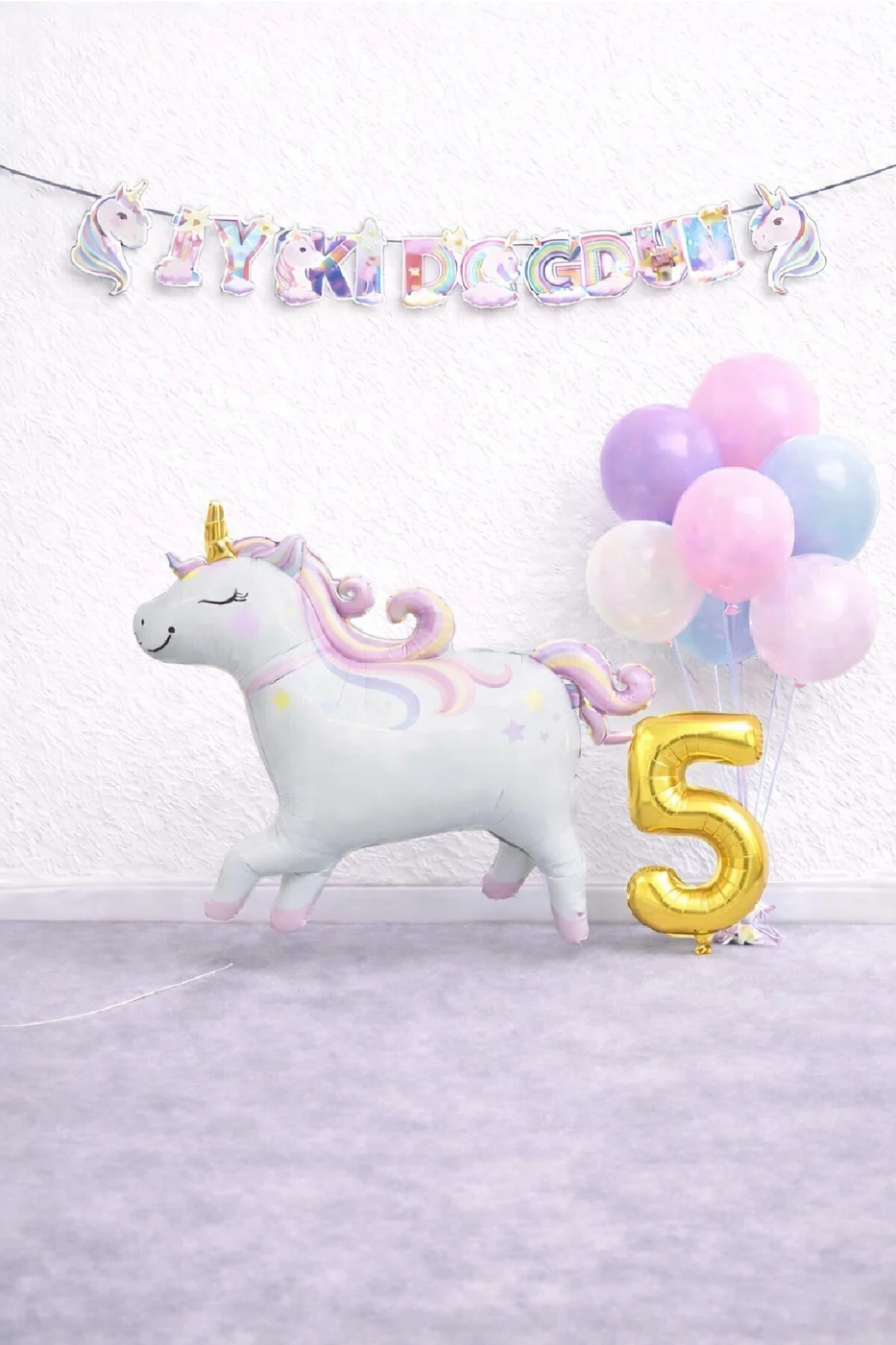 Unicorn Balonlu Karışık Balonlu Doğum Günü Seti Gold Rakamlı Parti Seti Süsü Dekorasyon Seti