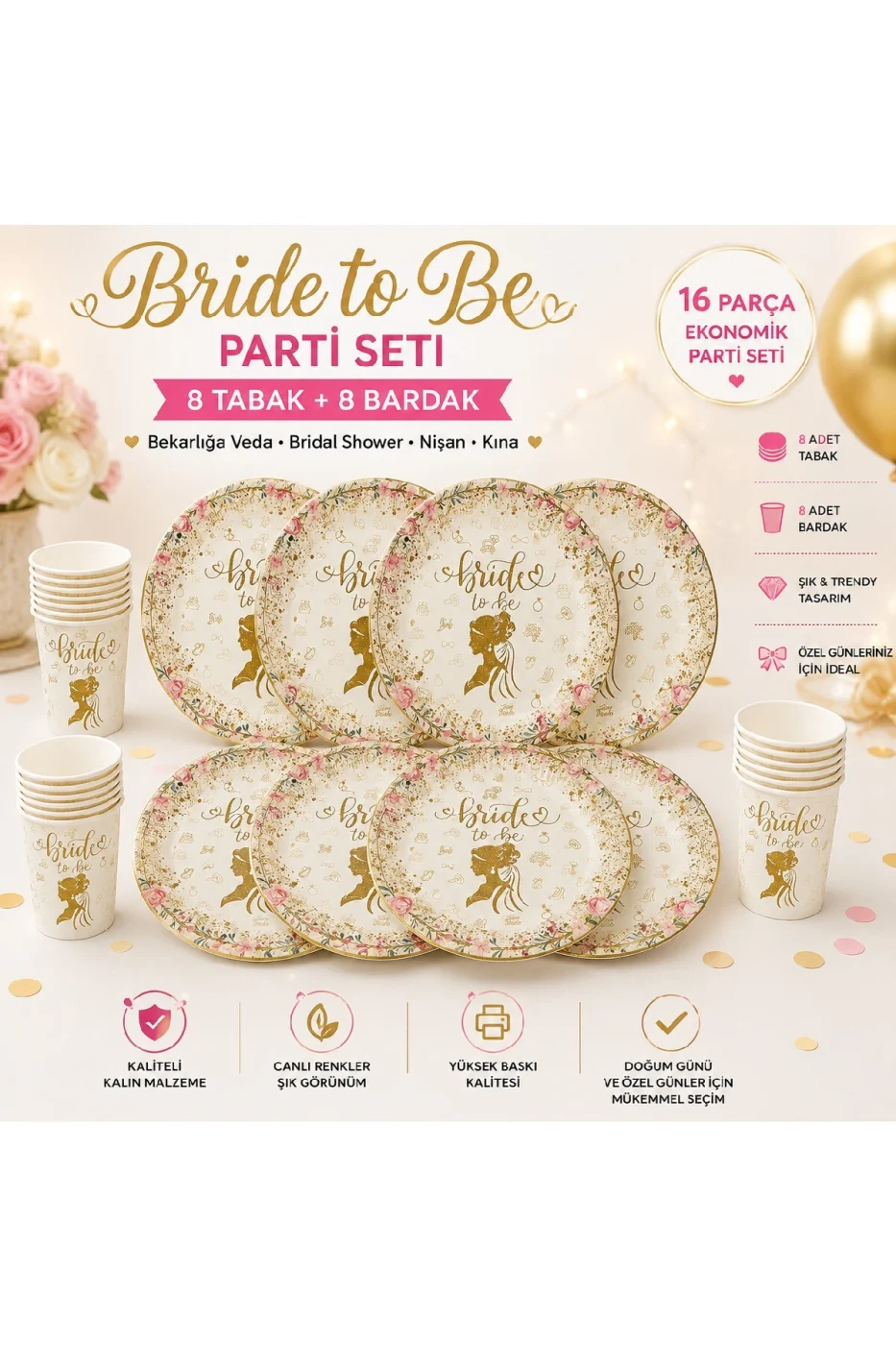 ✨ Bride to Be Parti Seti 16 Parça | 8 Tabak 8 Bardak | Bekarlığa Veda, Bridal Shower, Nişan ve Kına Konsepti gorsel 3