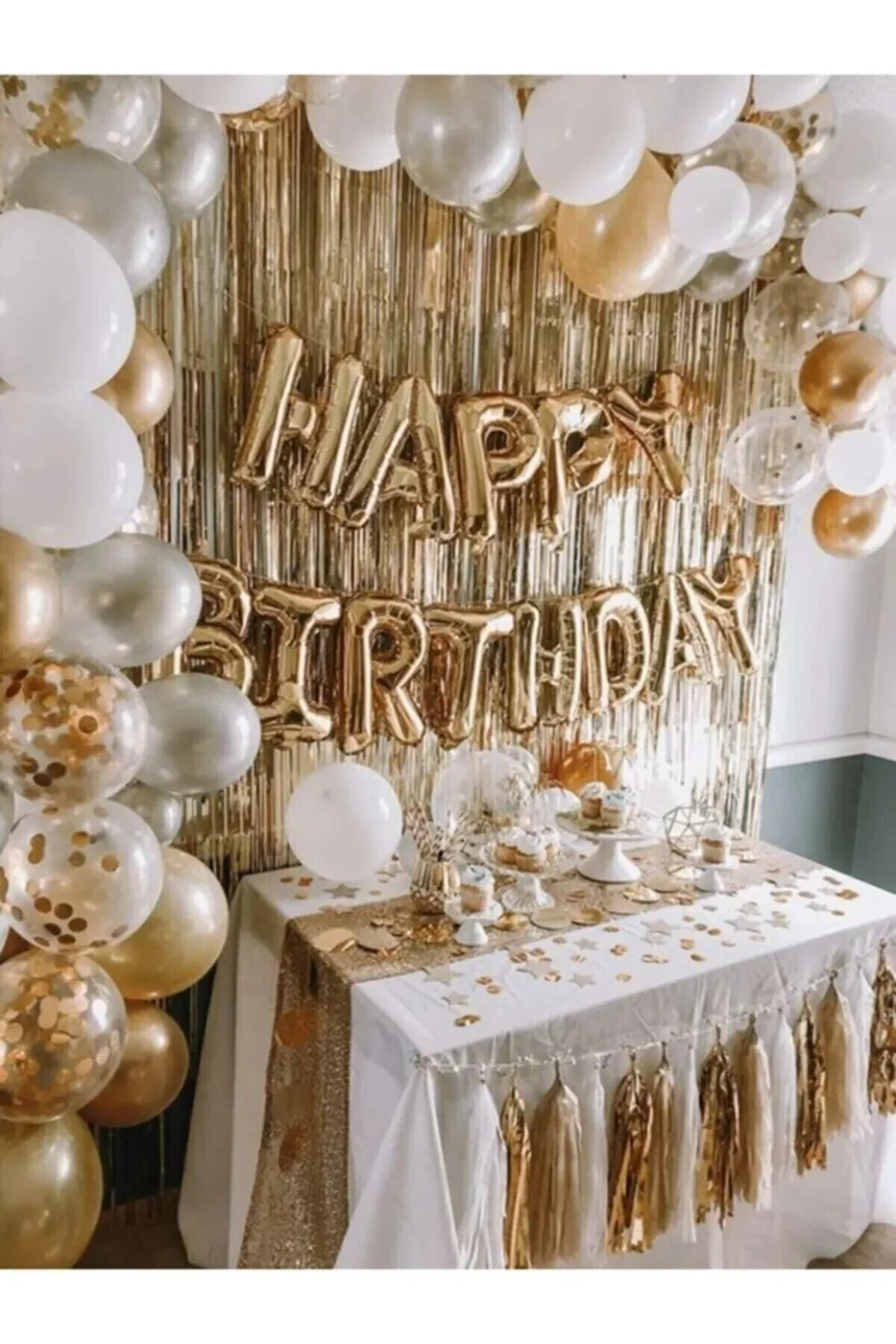 Rosegold Happy Bırthday Full Set Gold Beyaz Gri Metalik Balon Zincir Gold Arka Fon
