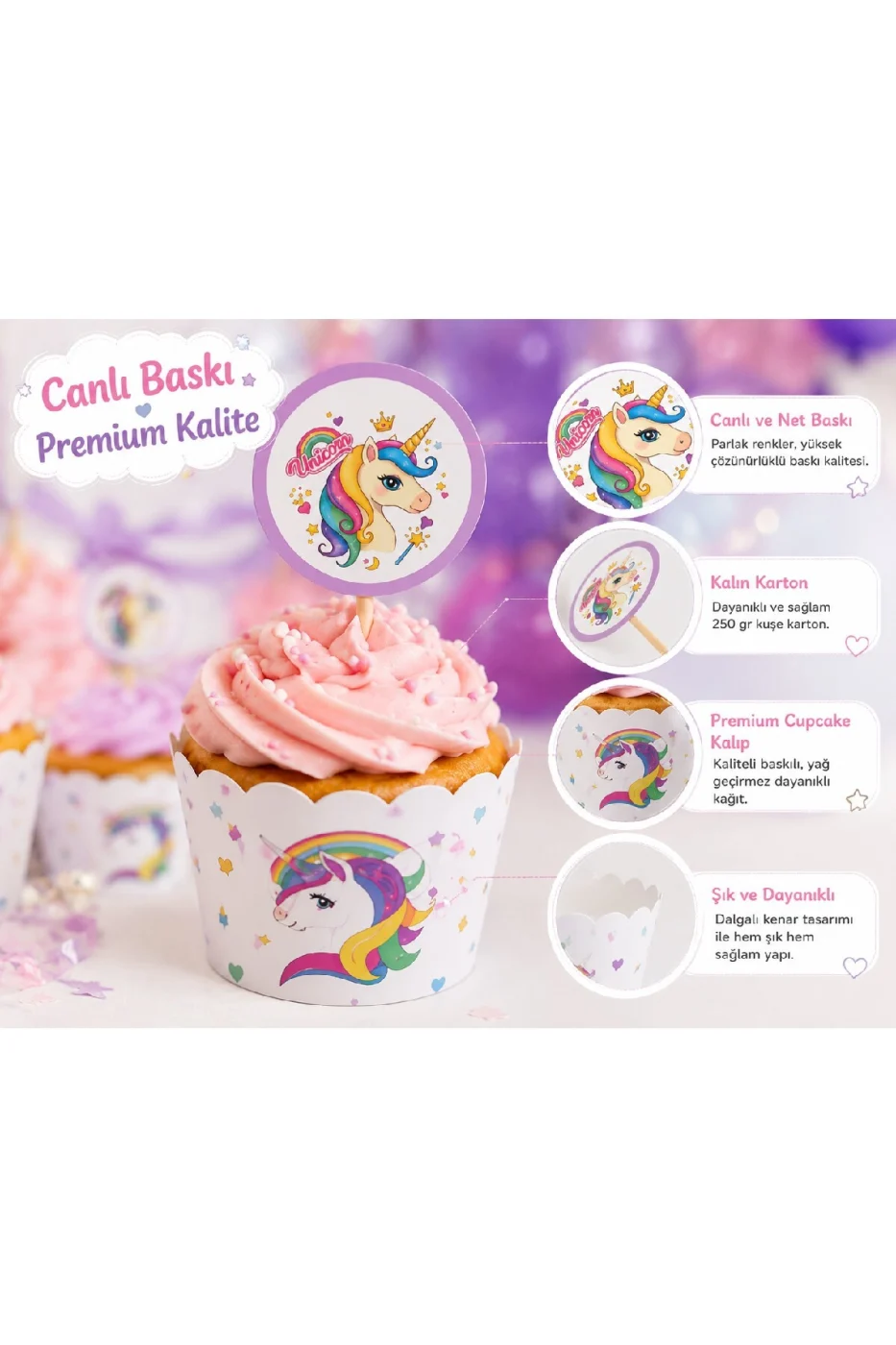 Unicorn Cupcake Süsü 8'li Set | 8 Cupcake Kalıbı + 8 Unicorn Kürdan | Doğum Günü Parti Malzemeleri | Baby Shower | Diş Buğdayı gorsel 4