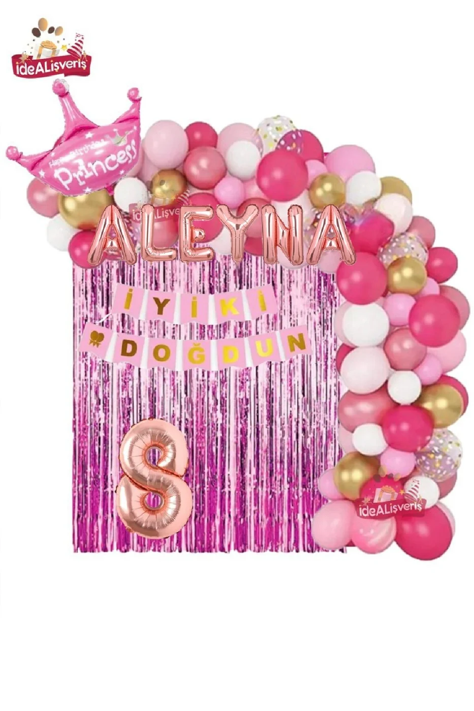 6 Harfli Rose İsimli Pembe Beyaz Konseptli Kraliçe Taçlı Doğum Günü Balon Zincir Parti Seti Süsü gorsel 8