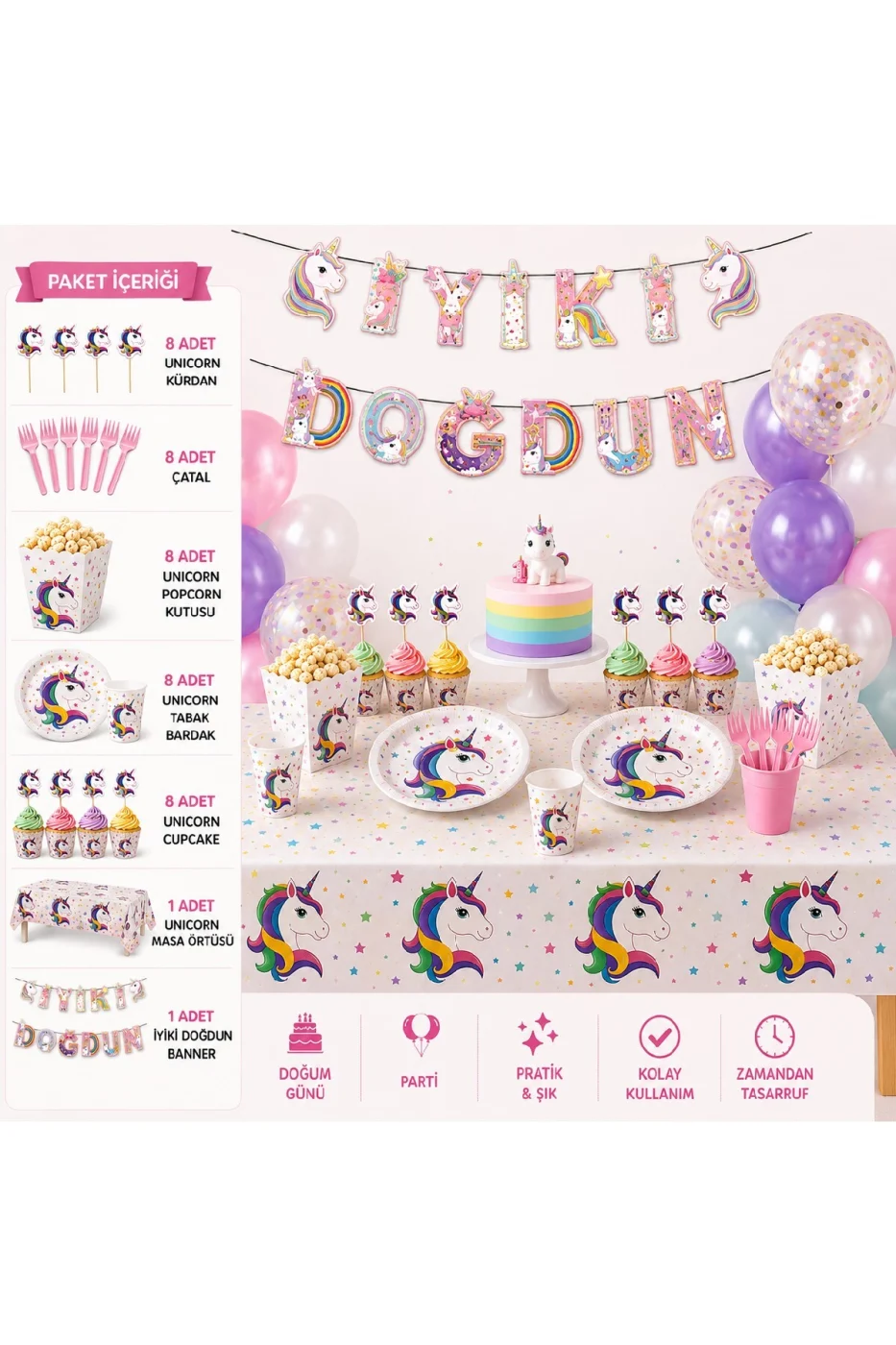 Unicorn Doğum Günü Parti Seti 8 Kişilik Komple Konsept Parti Süsleri Masa Süsleme Seti gorsel 4