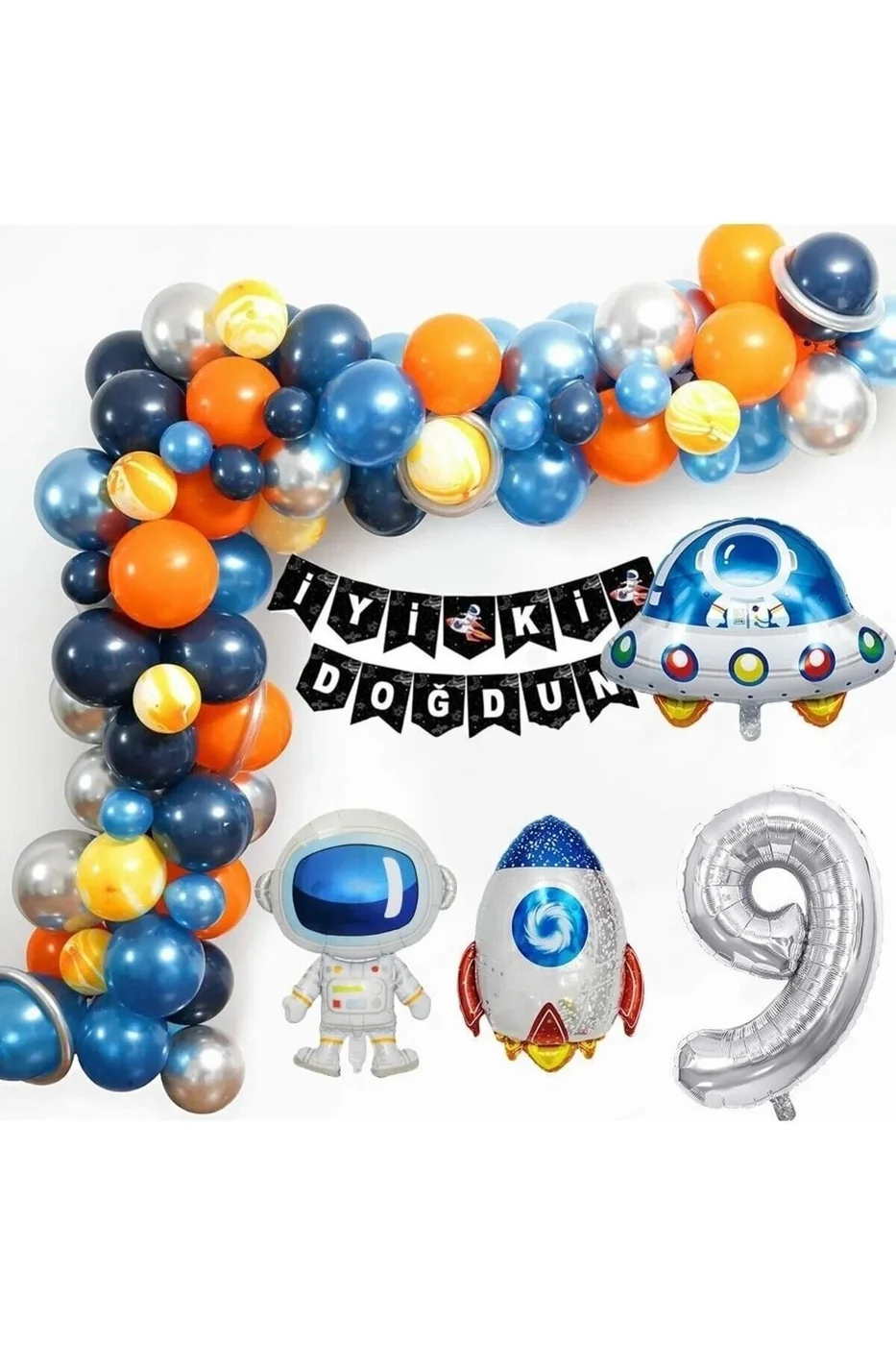 Uzay Temalı Doğum Günü Seti 9 Yaş; 4 Adet Folyo, 50 Lateks Balon, Banner, Balon Zinciri, Balon Bandı