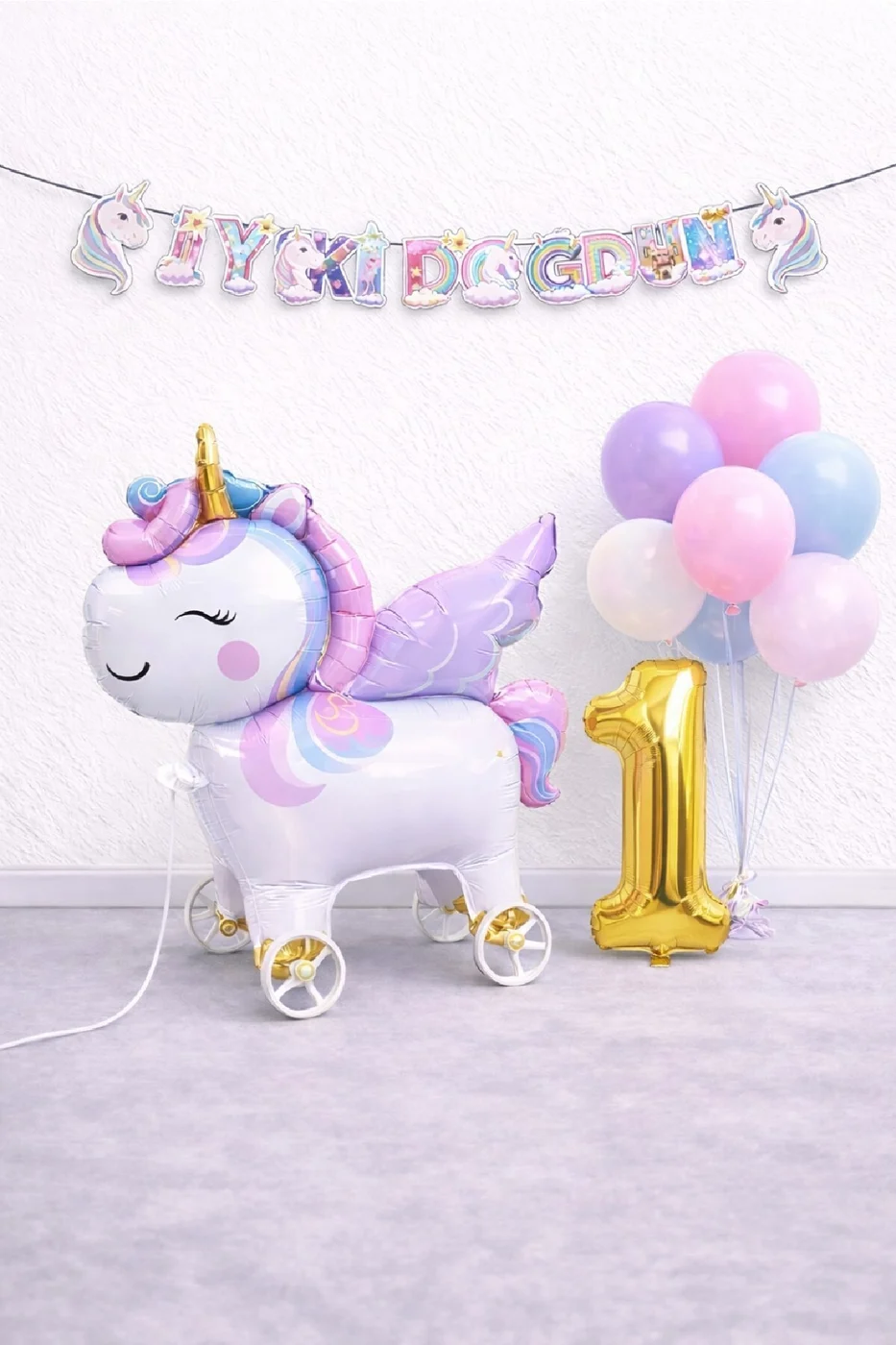 Mini Tekerlekli Unicorn Balonlu Karışık Balonlu Doğum Günü Seti Gold Rakamlı Parti Seti Süsü