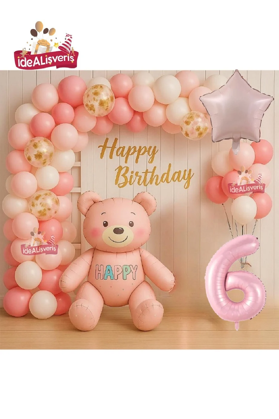 KIZ ÇOCUKLAR İÇİN PEMBE YAŞ AYICIK FOLYO BALONLU DOĞUM GÜNÜ PARTİ SETİ SÜSÜ gorsel 5